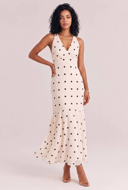 Elegant Polka Dot Ruffle Layered Chiffon Cape Maxi Dress