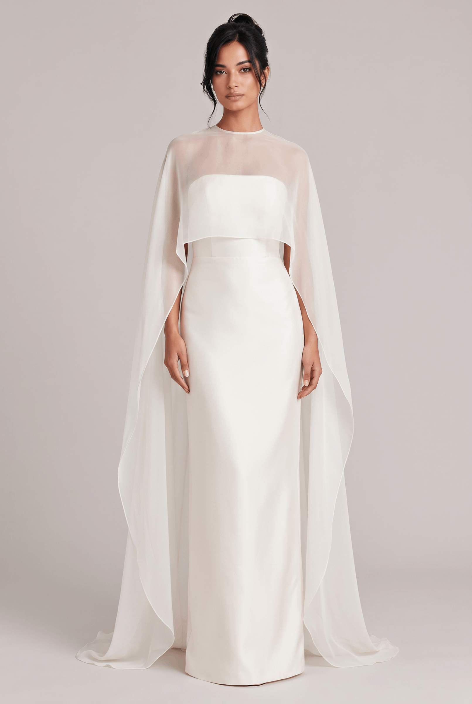 Elegant Sheer Cape Overlay Satin Maxi Dress