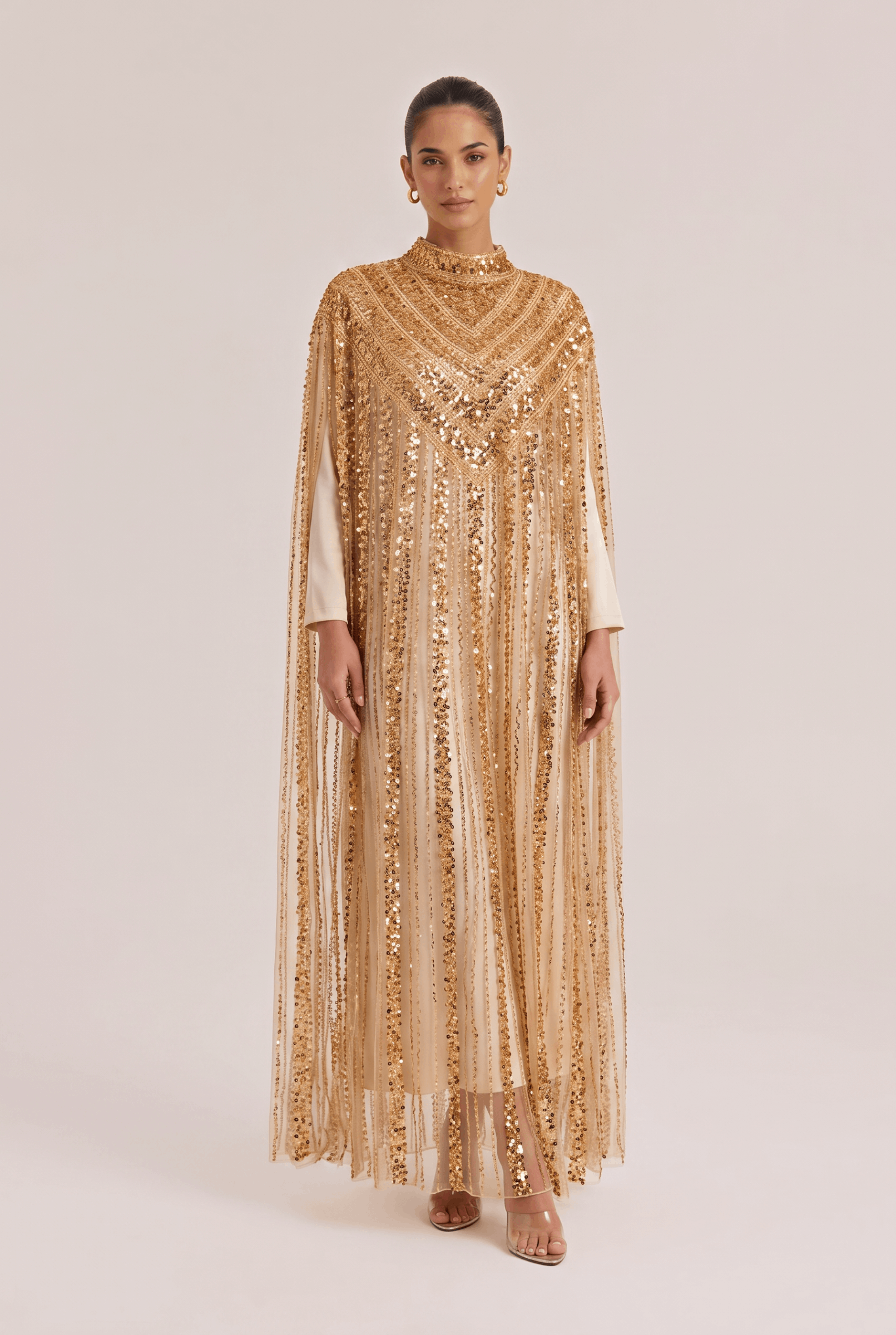 Heavy-duty gold sequined long cover-up dress