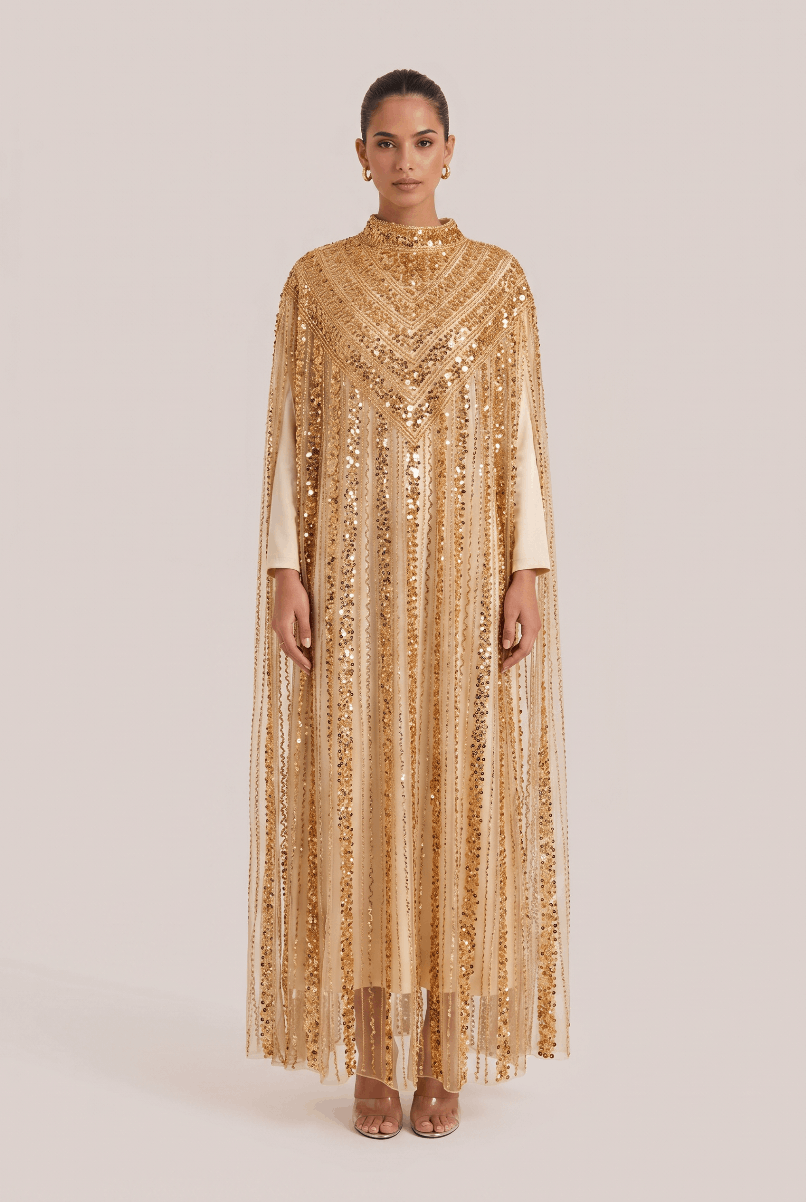 Heavy-duty gold sequined long cover-up dress