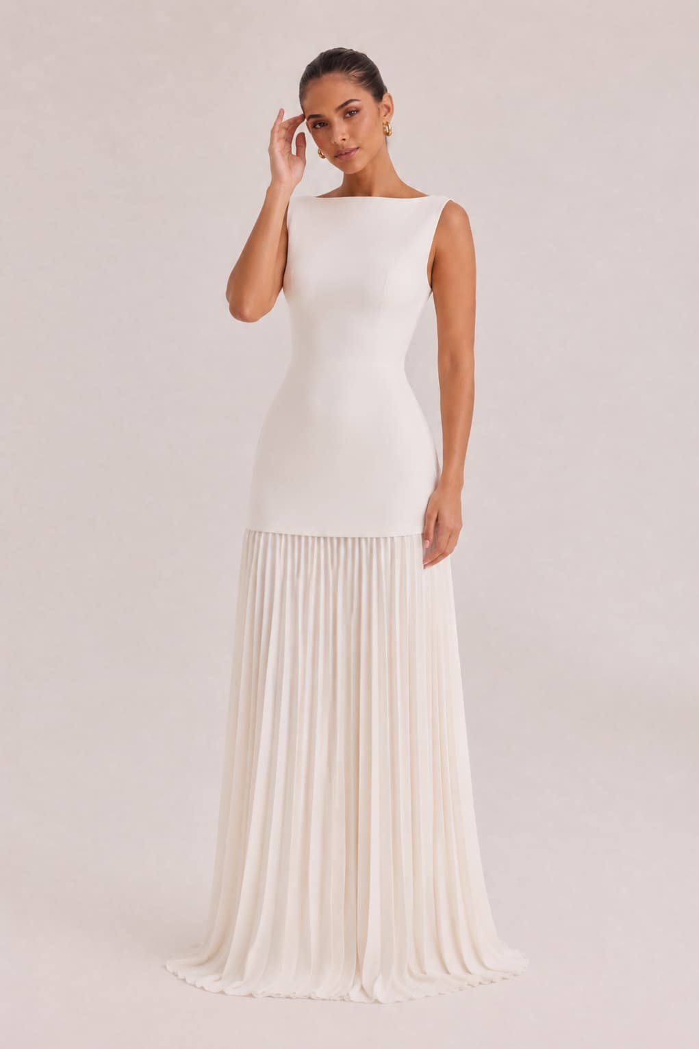 Elegant Pleated Classic Boat Neck Pleated Maxi Dress