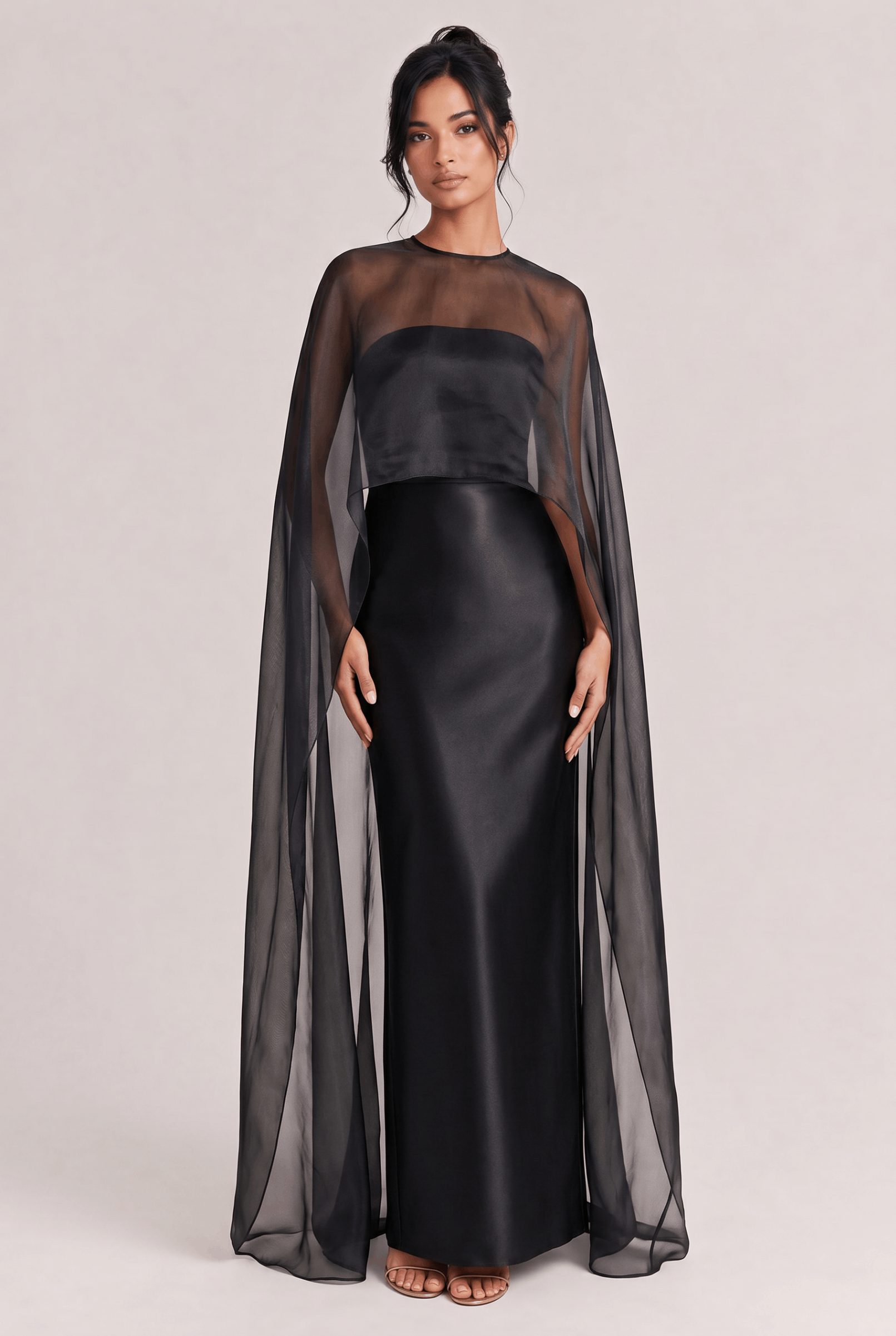 Elegant Sheer Cape Overlay Satin Maxi Dress
