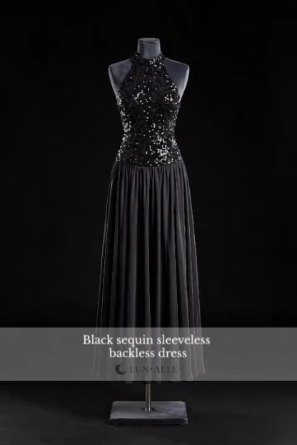 Charm Contour Backless Pleated Gauze Sequin Maxi Dress
