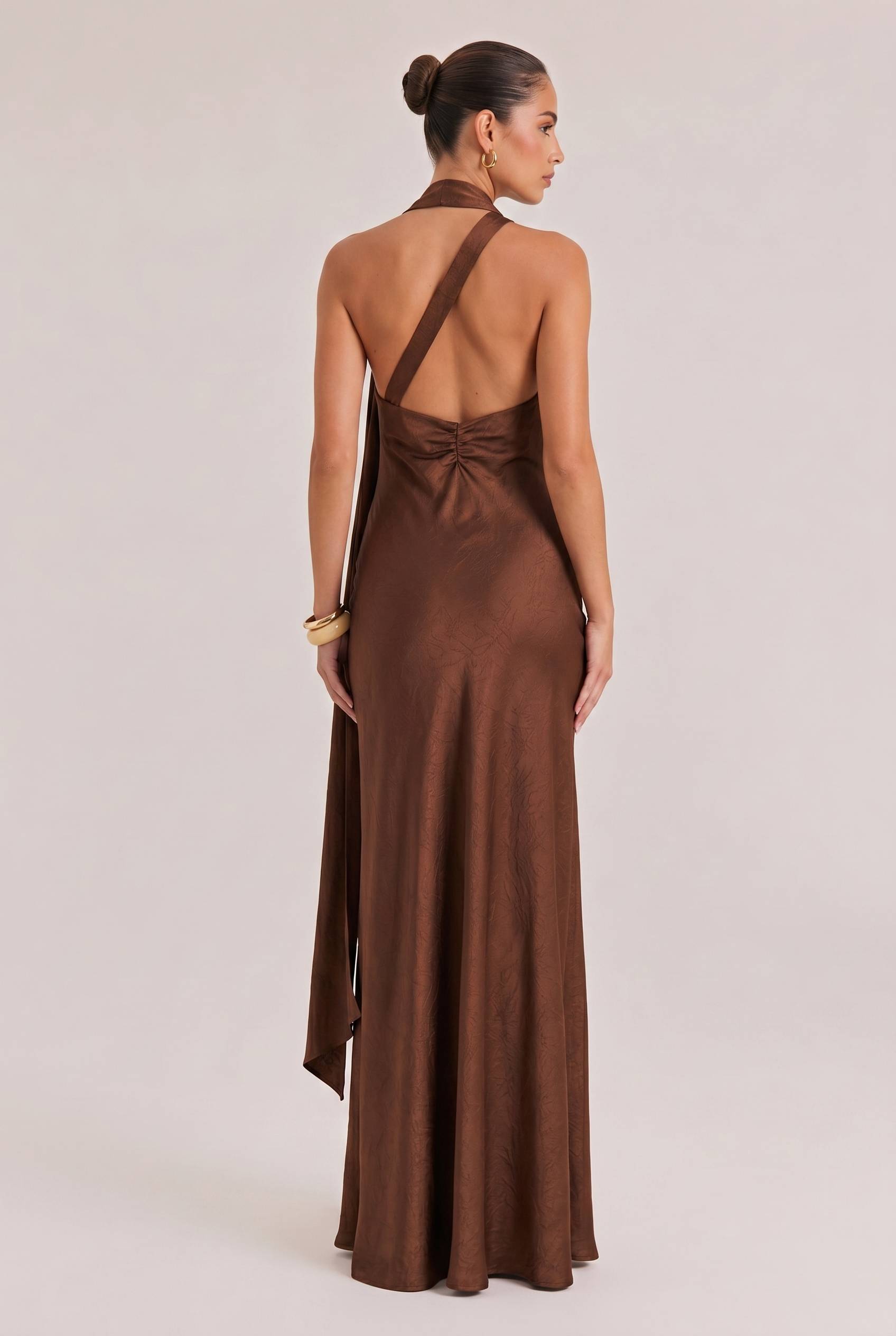 Elegant Bronze One-Shoulder Satin Maxi Dress