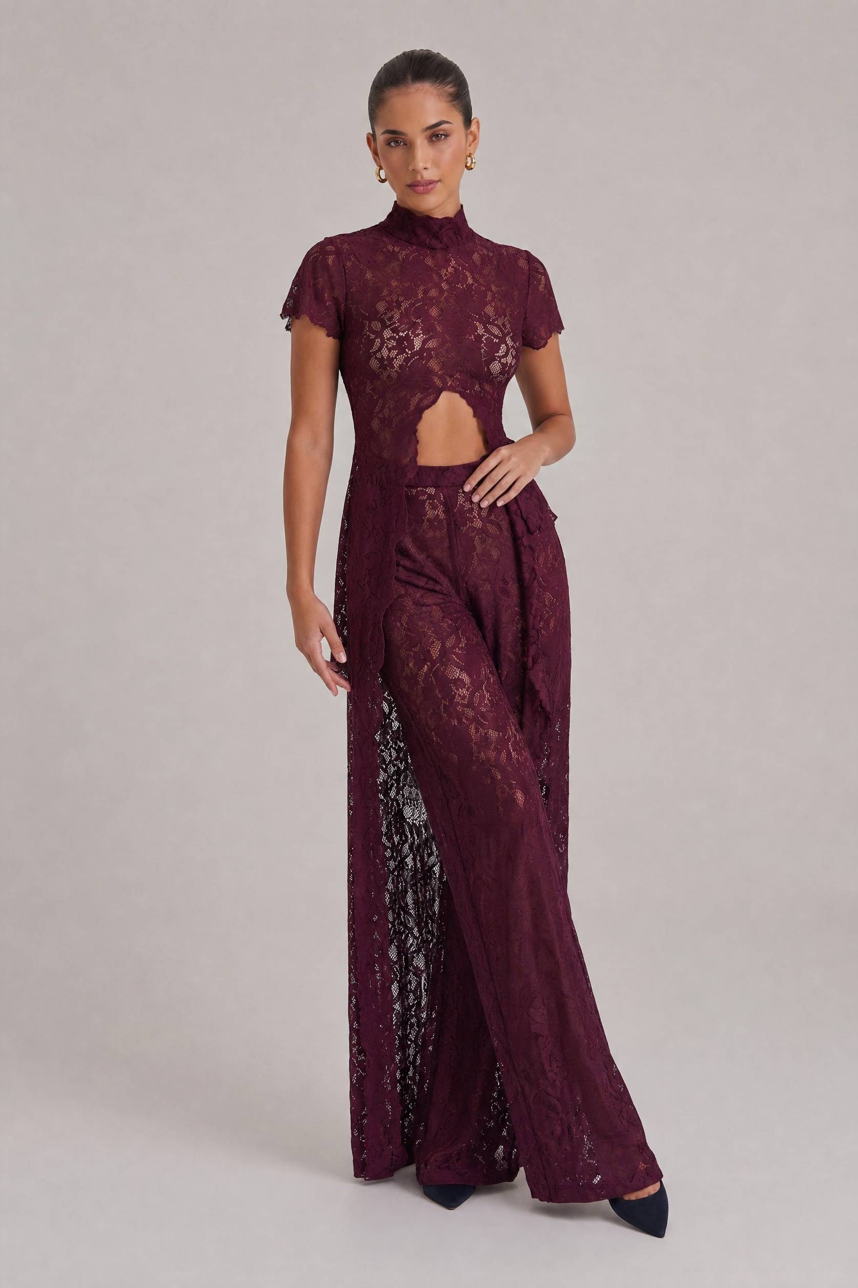Lace Long-sleeved Top And Wide-leg Pants Set