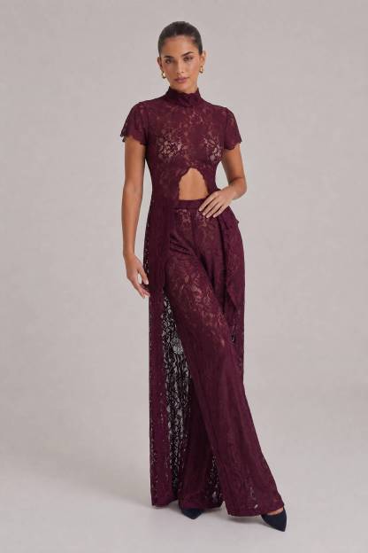 Lace Long-sleeved Top And Wide-leg Pants Set