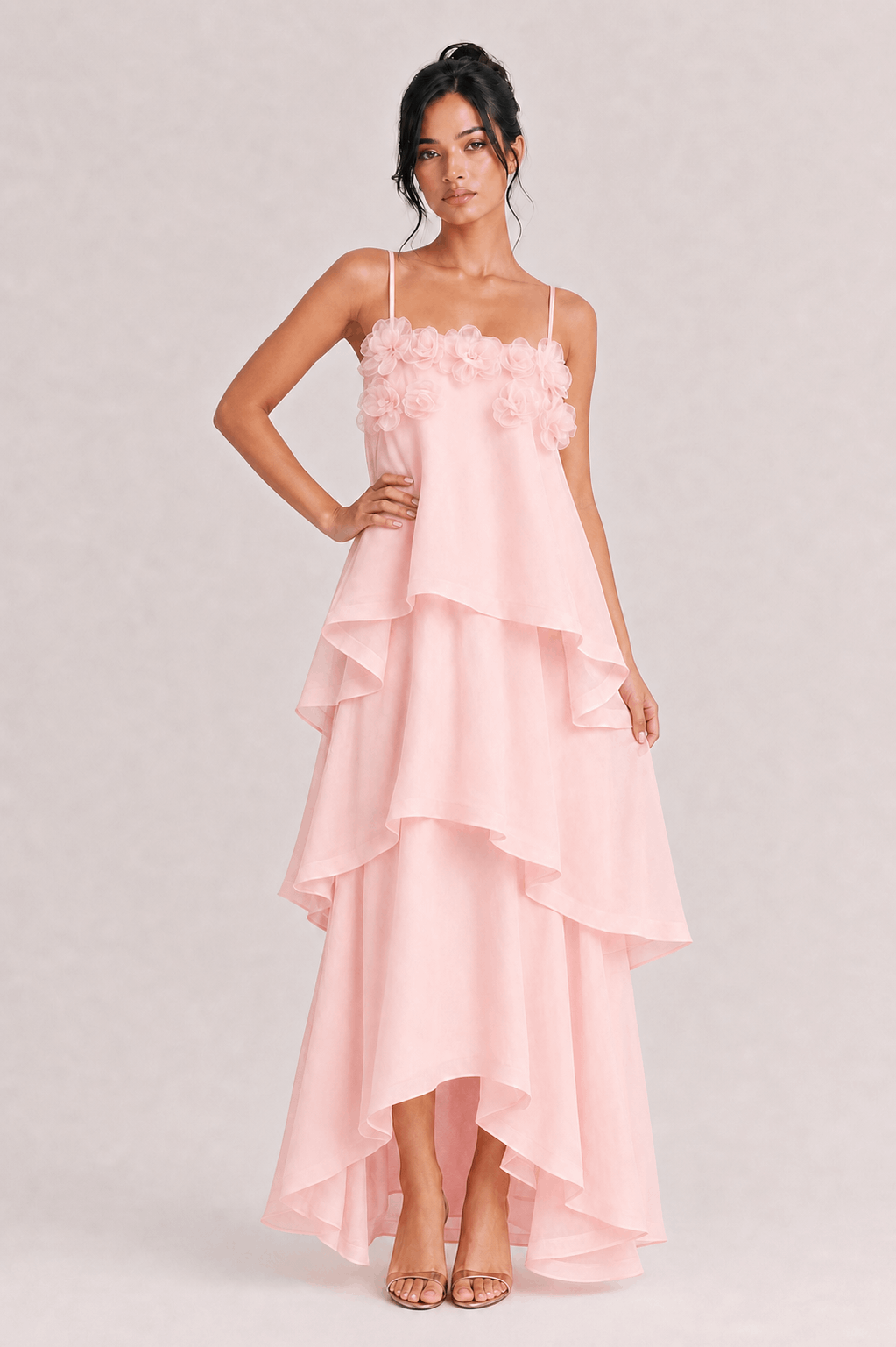 Elegant 3D Floral Applique Tiered Gown Maxi Dress