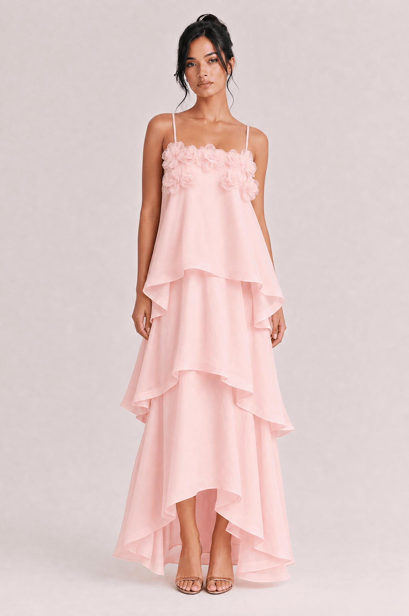 Elegant 3D Floral Applique Tiered Gown Maxi Dress