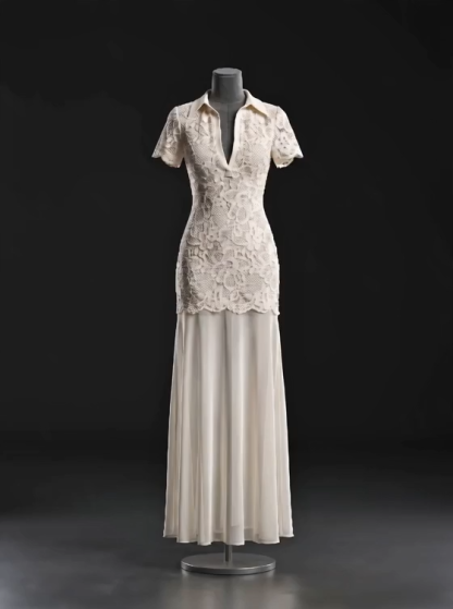 Elegant Fit Button Short Sleeve Lace Top And Satin Skirt