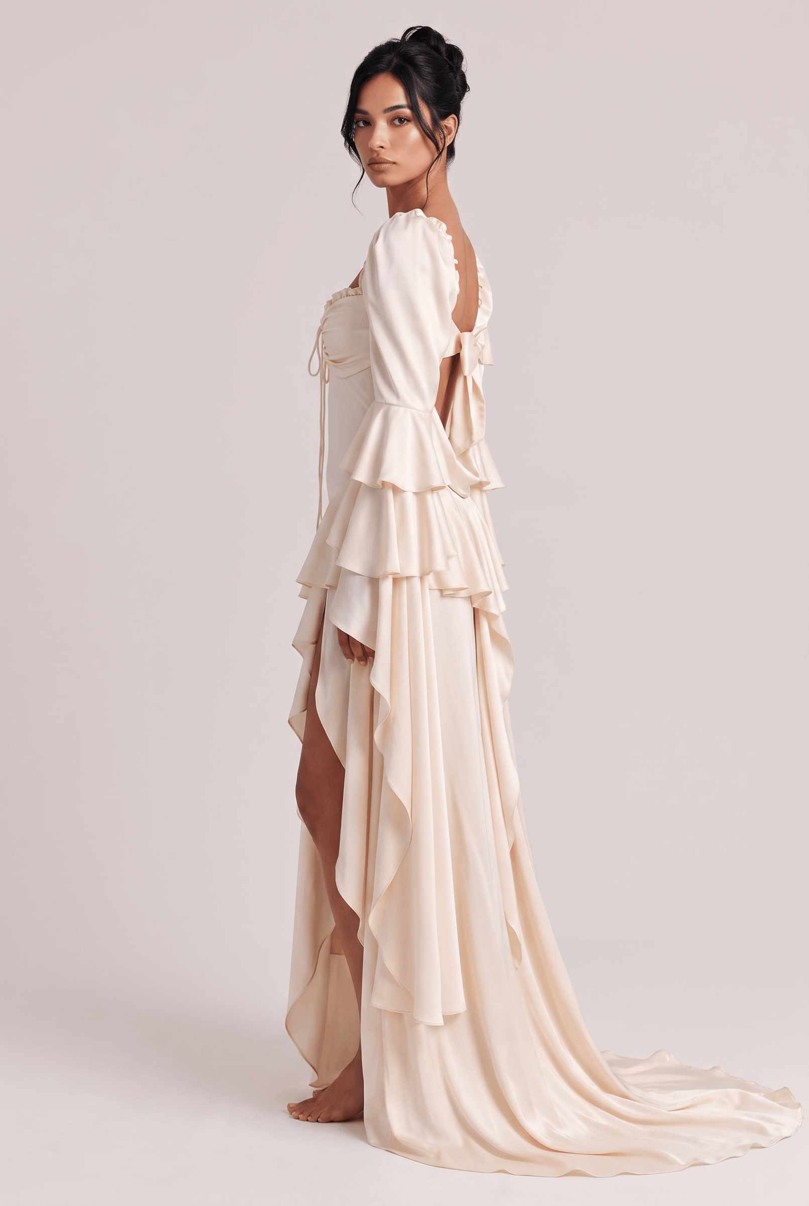 White Satin Square Collar Pleated Extra-Long Trumpet Sleeve Irregular Lotus Leaf Split Holiday Dress