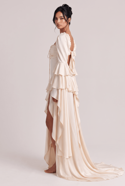 White Satin Square Collar Pleated Extra-Long Trumpet Sleeve Irregular Lotus Leaf Split Holiday Dress