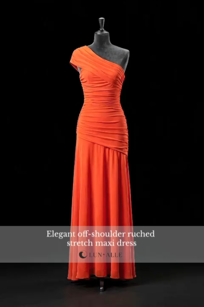 Elegance Effortless  Mesh Off Shoulder Ruched Stretch Maxi Dress