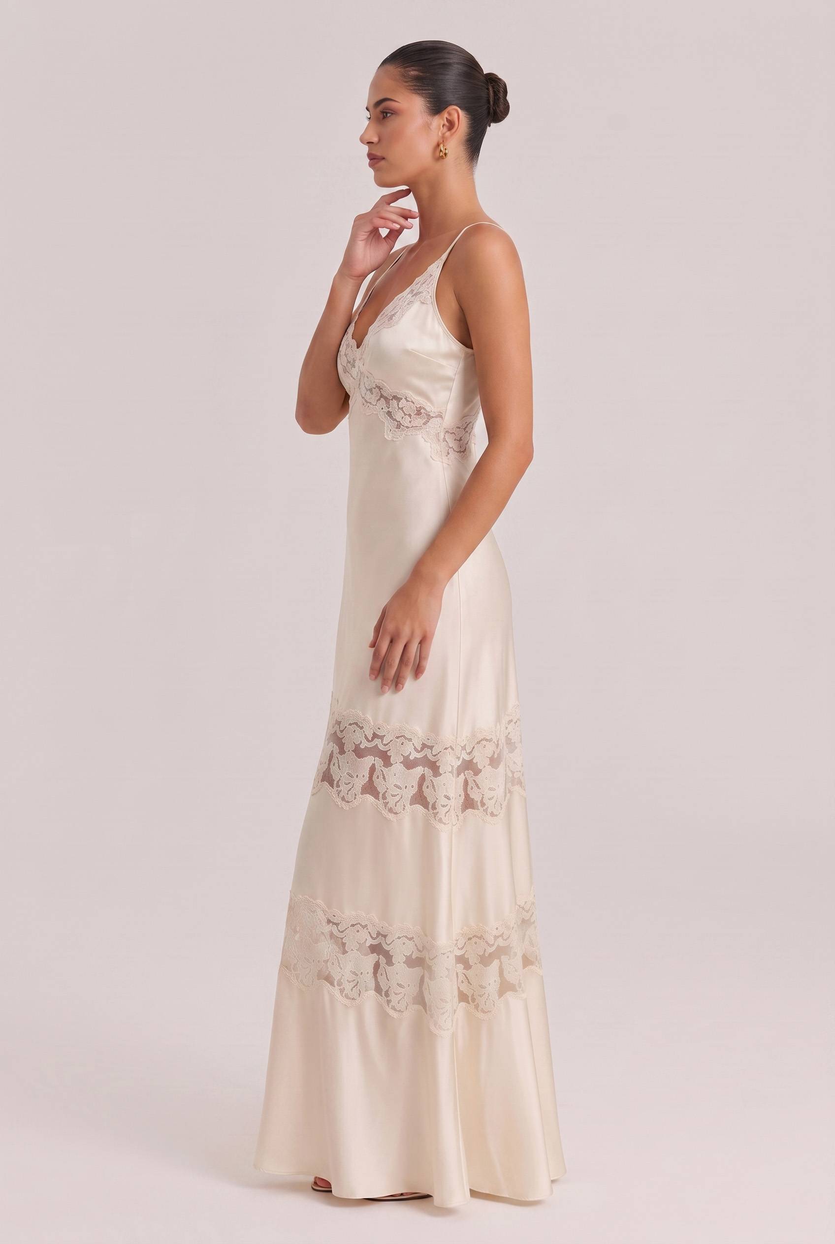 French Retro Satin Lace Stitching Maxi Dress