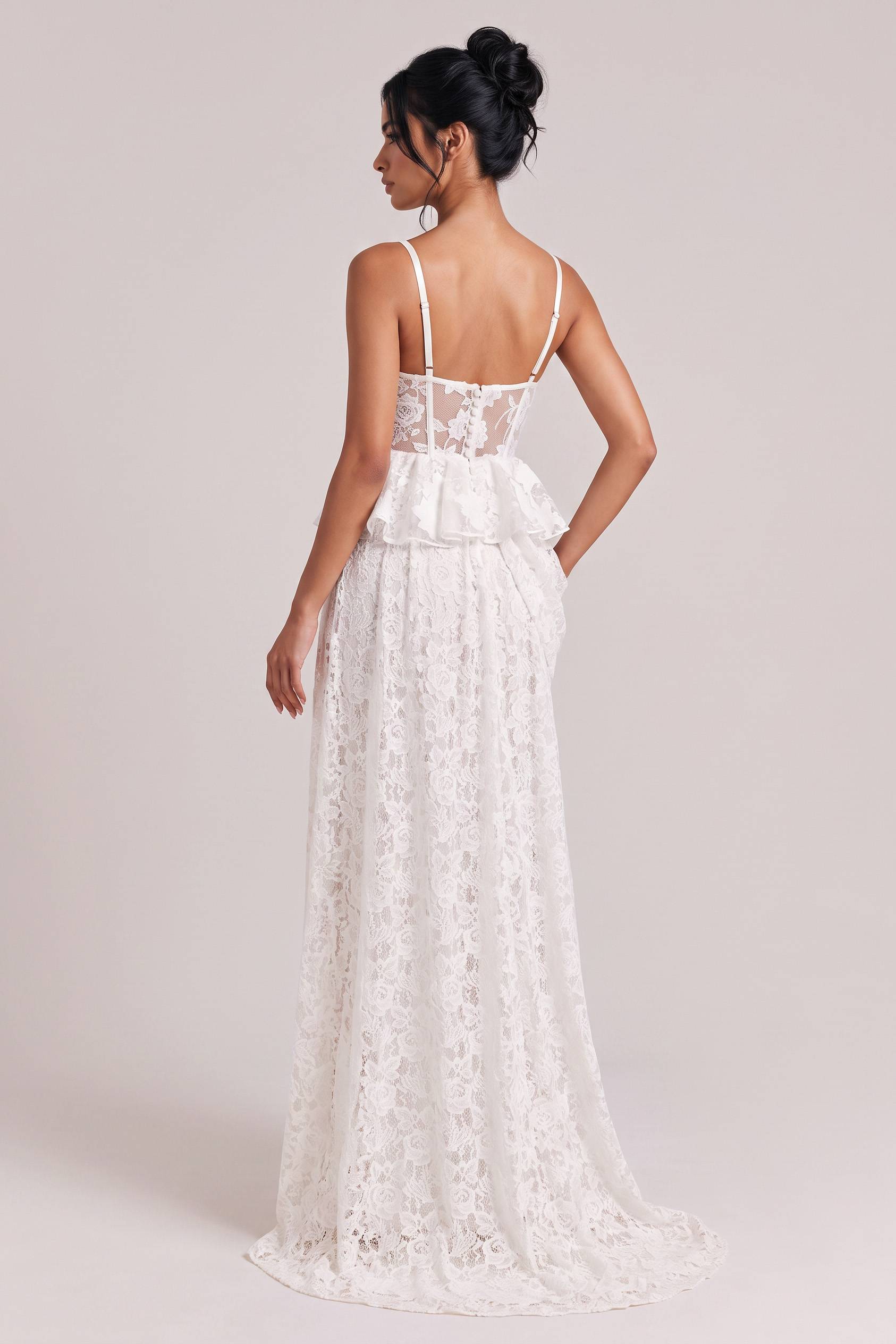 White Thin Sling Lace Waist Three-dimensional Flower Irregular Split Trailing Wedding Dress