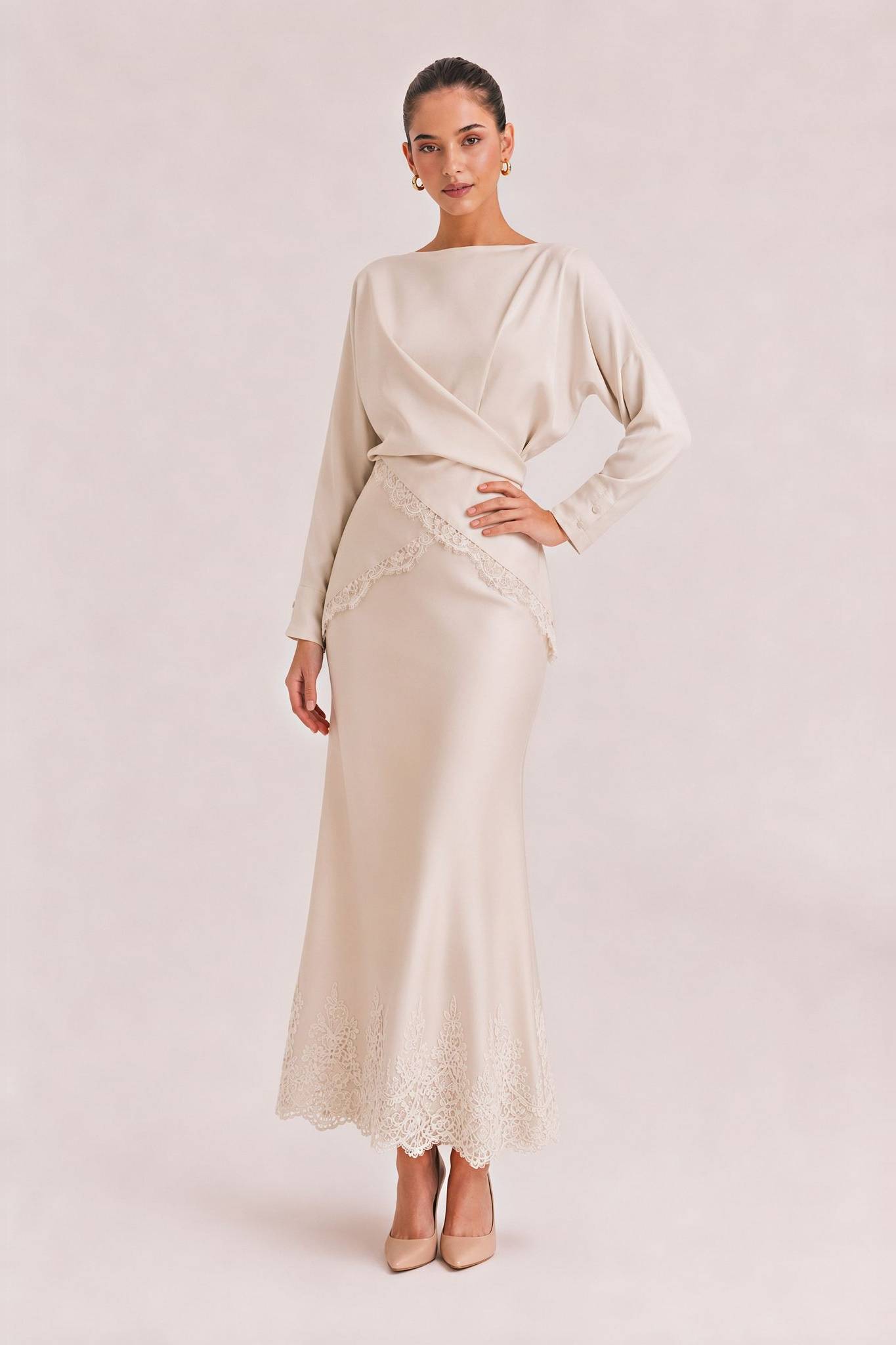 Elegant Satin Lace-trimmed Wrap Top Two-piece Set