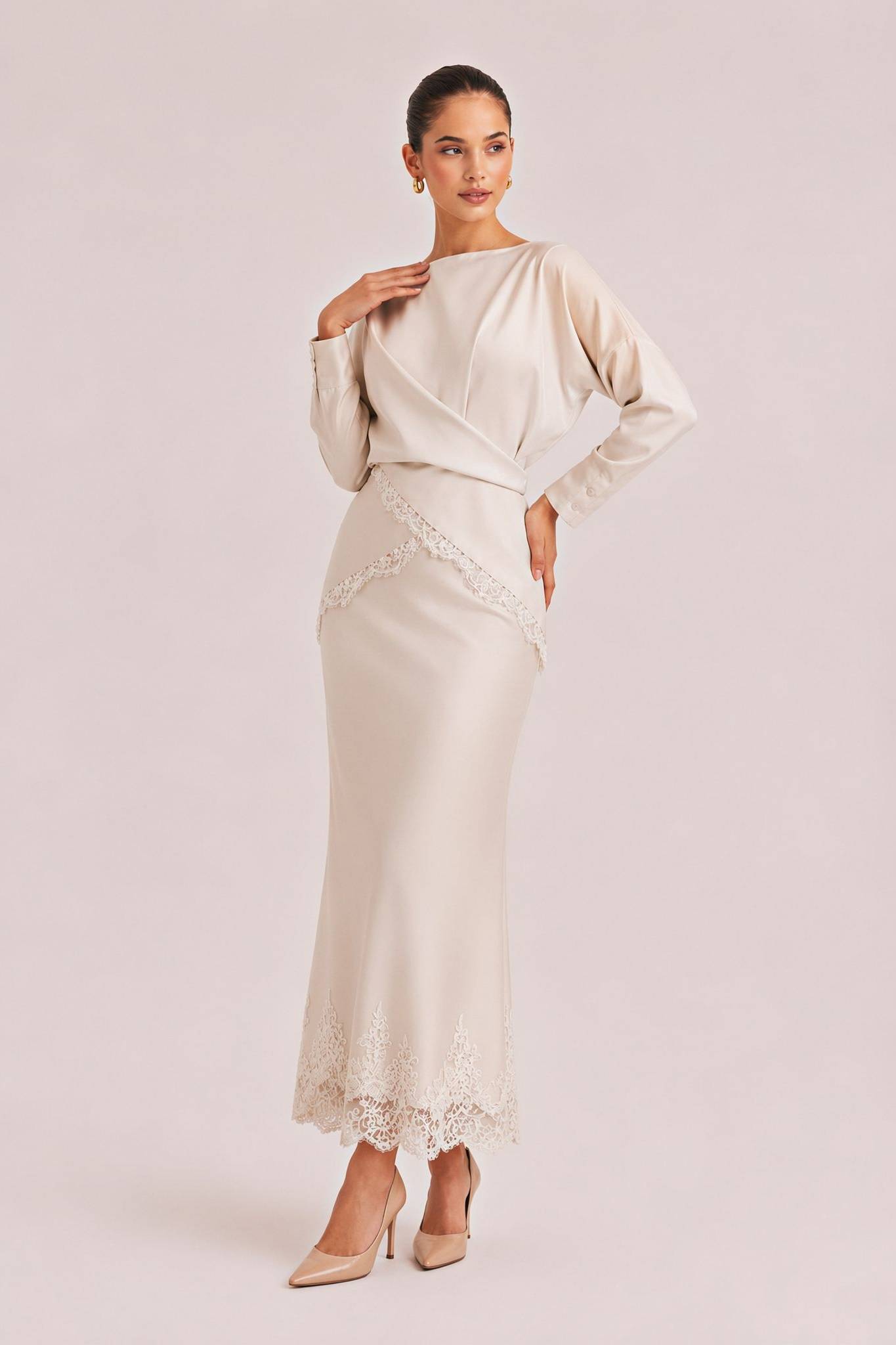 Elegant Satin Lace-trimmed Wrap Top Two-piece Set