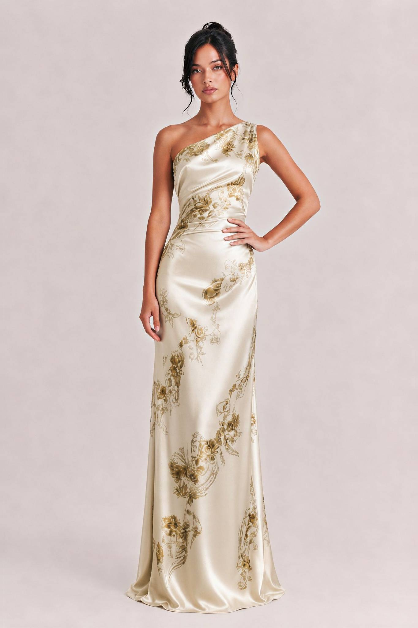 Elegant One-shoulder Floral Satin Maxi Dress