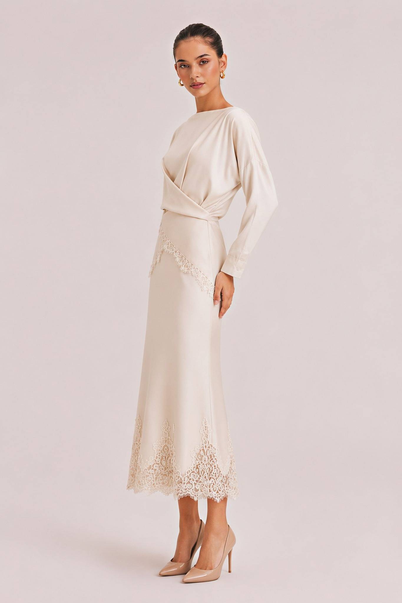 Elegant Satin Lace-trimmed Wrap Top Two-piece Set
