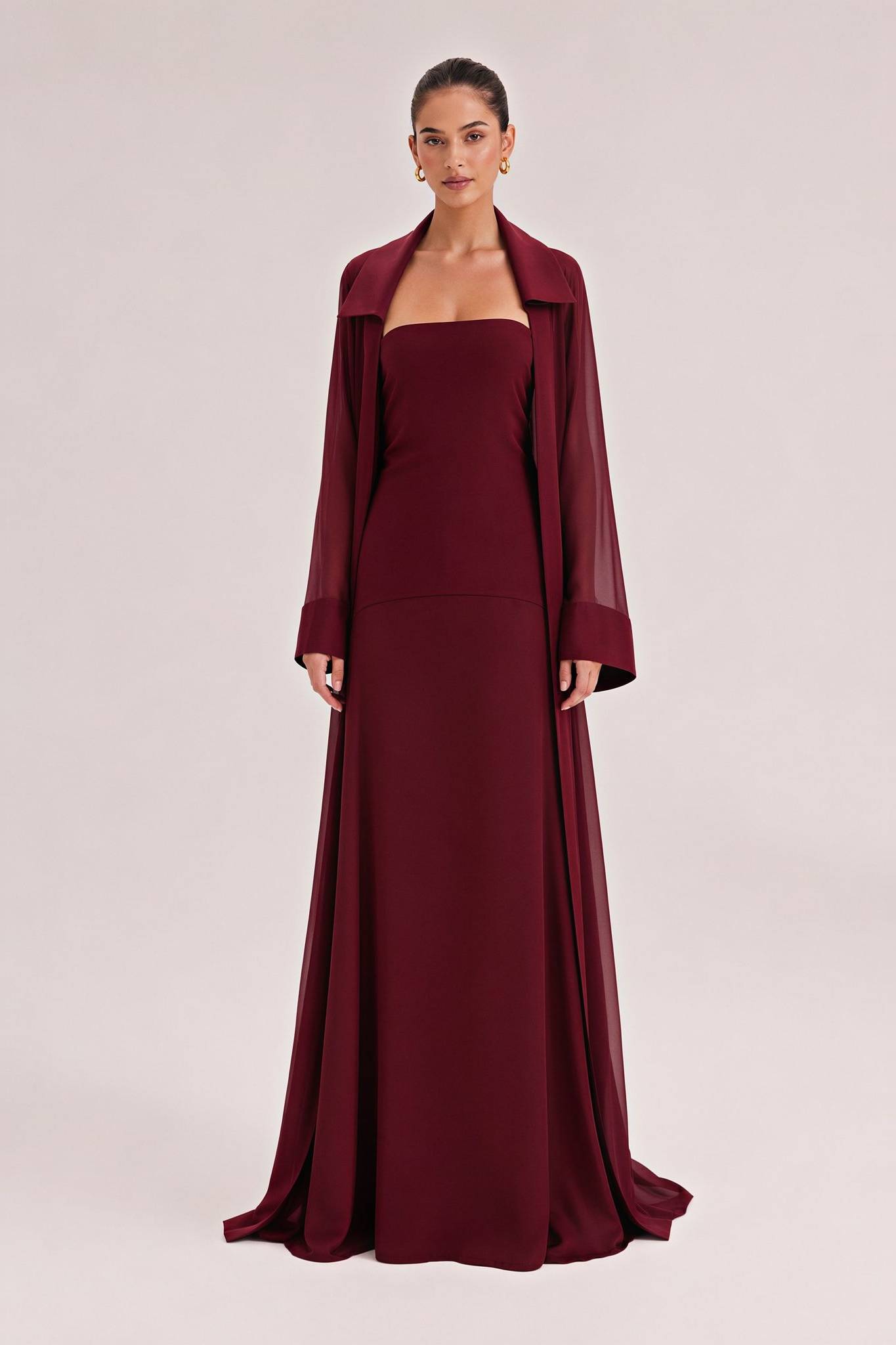 Elegant Satin Maxi Dress & Long Sheer Chiffon Cover-Up Two-Piece Set