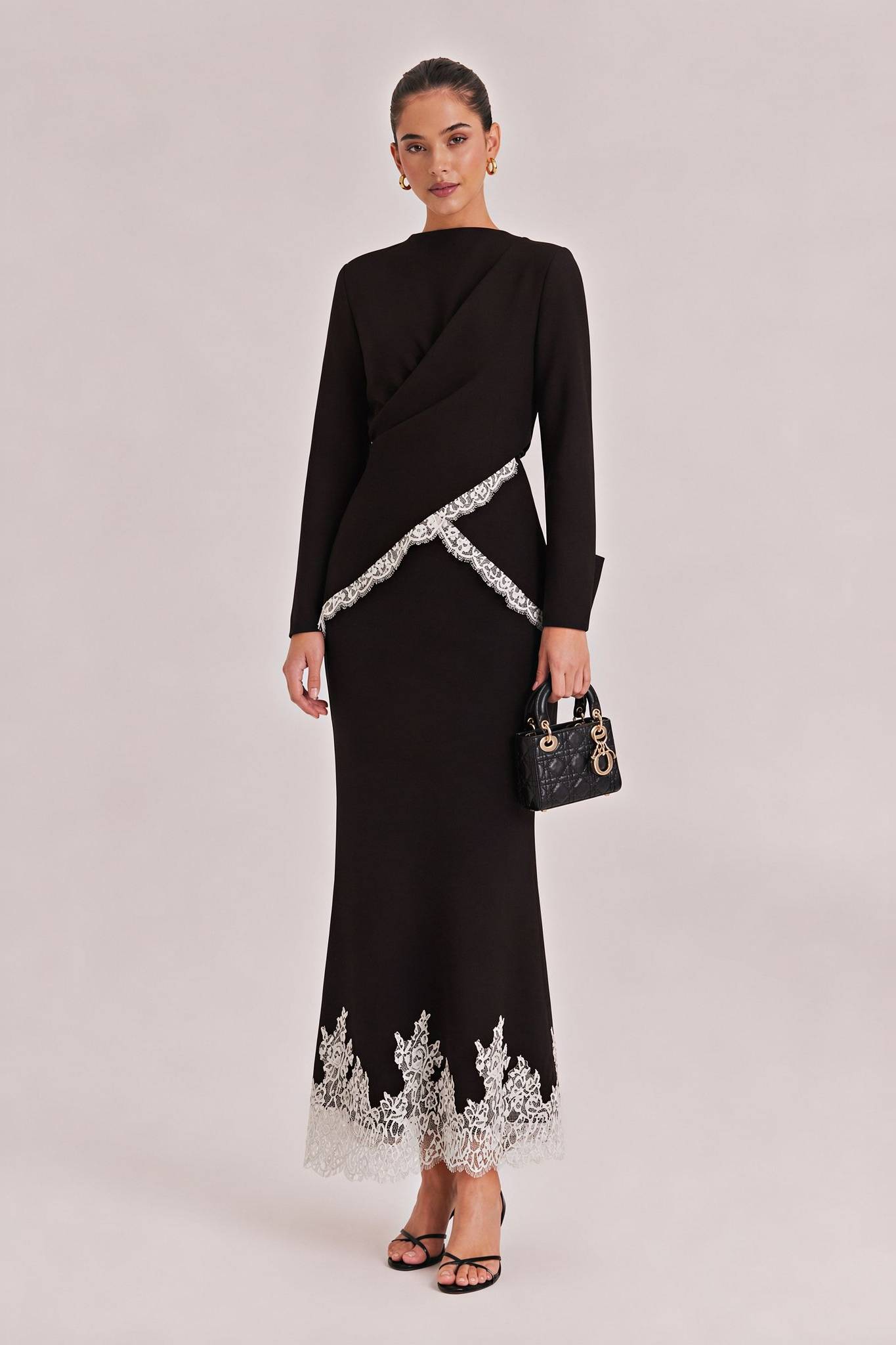 Elegant Satin Lace-trimmed Wrap Top Two-piece Set