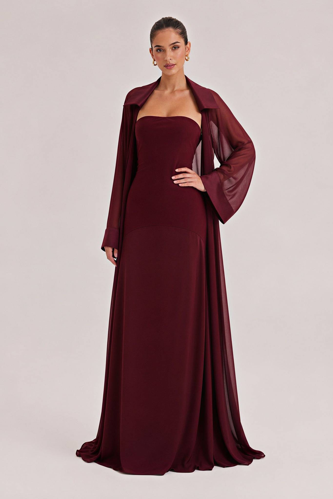 Elegant Satin Maxi Dress & Long Sheer Chiffon Cover-Up Two-Piece Set