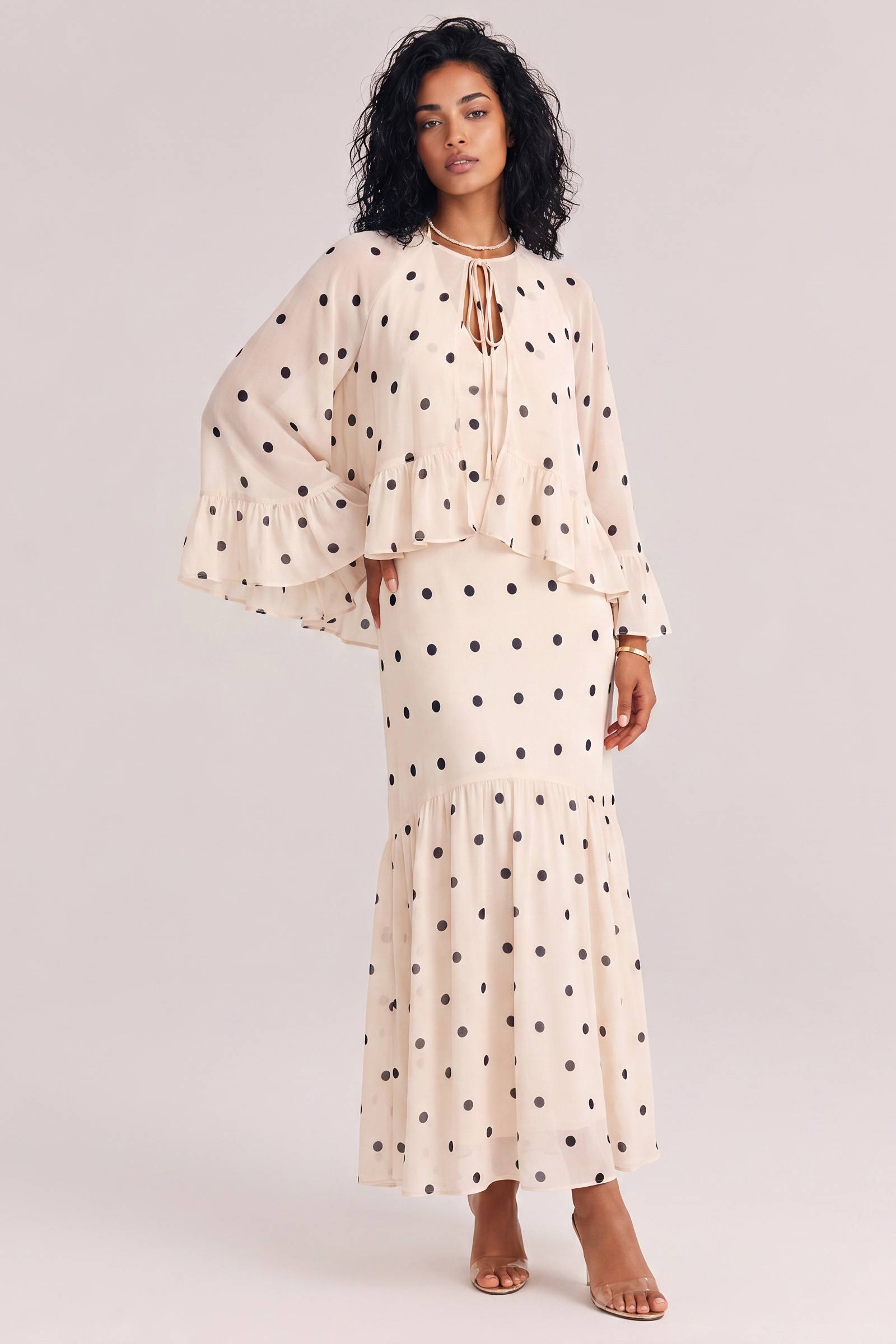 Elegant Polka Dot Ruffle Layered Chiffon Cape Maxi Dress