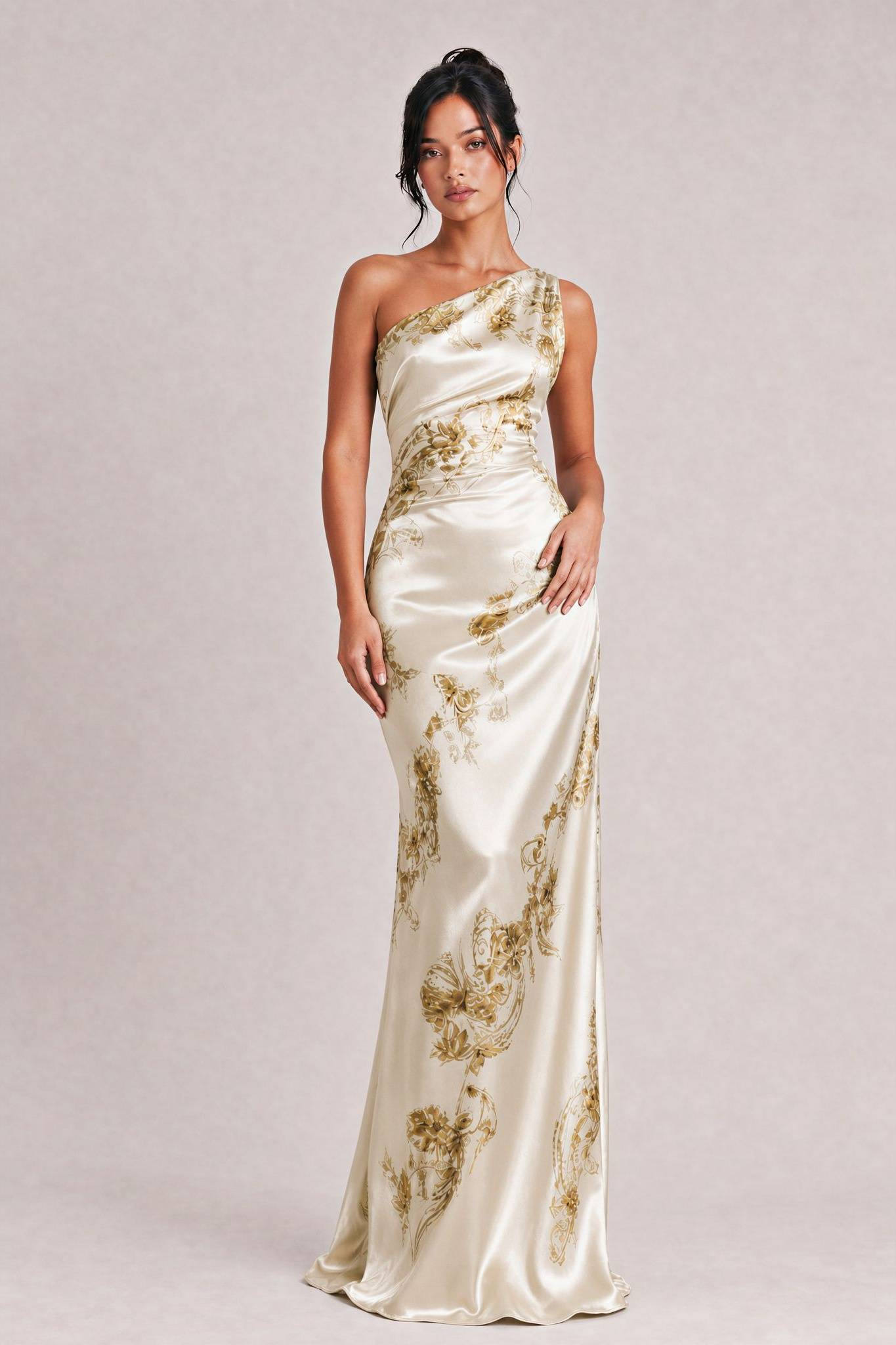 Elegant One-shoulder Floral Satin Maxi Dress