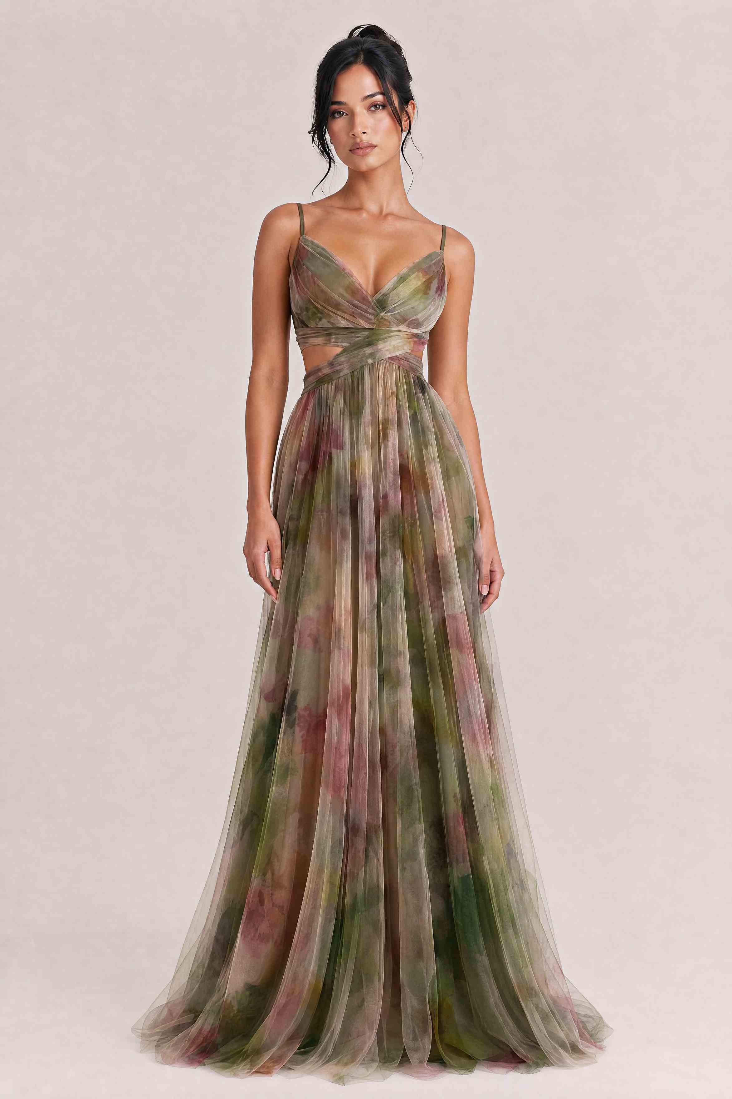 Elegant Painted Floral Print V-Neck A-Line Maxi Dress