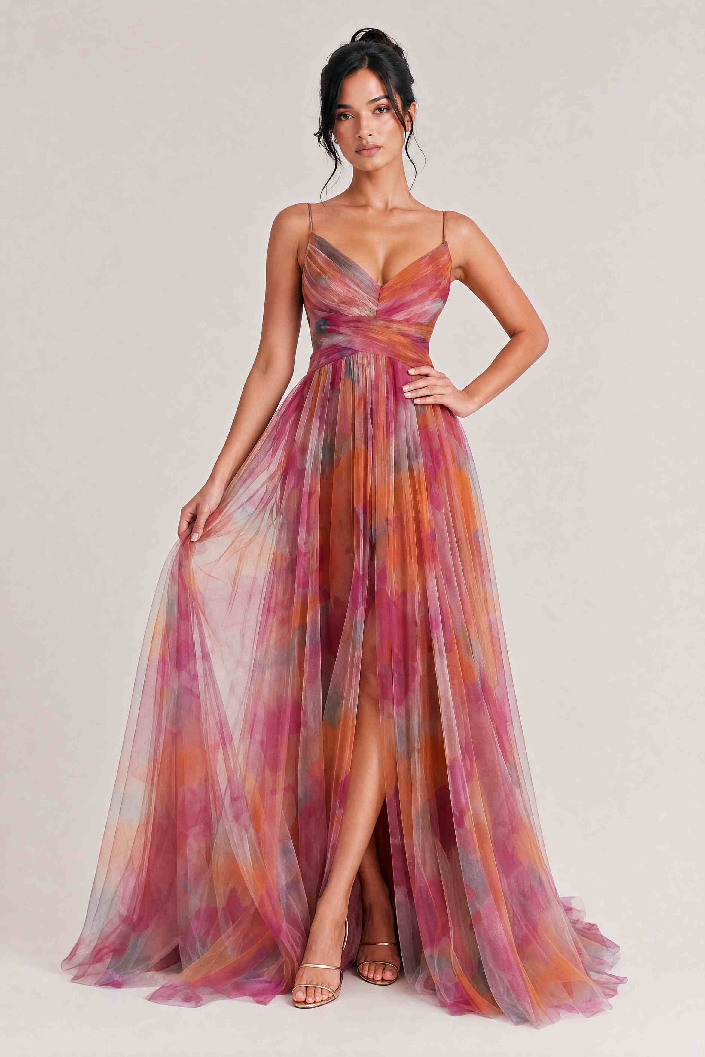 Elegant Painted Floral Print V-Neck A-Line Maxi Dress