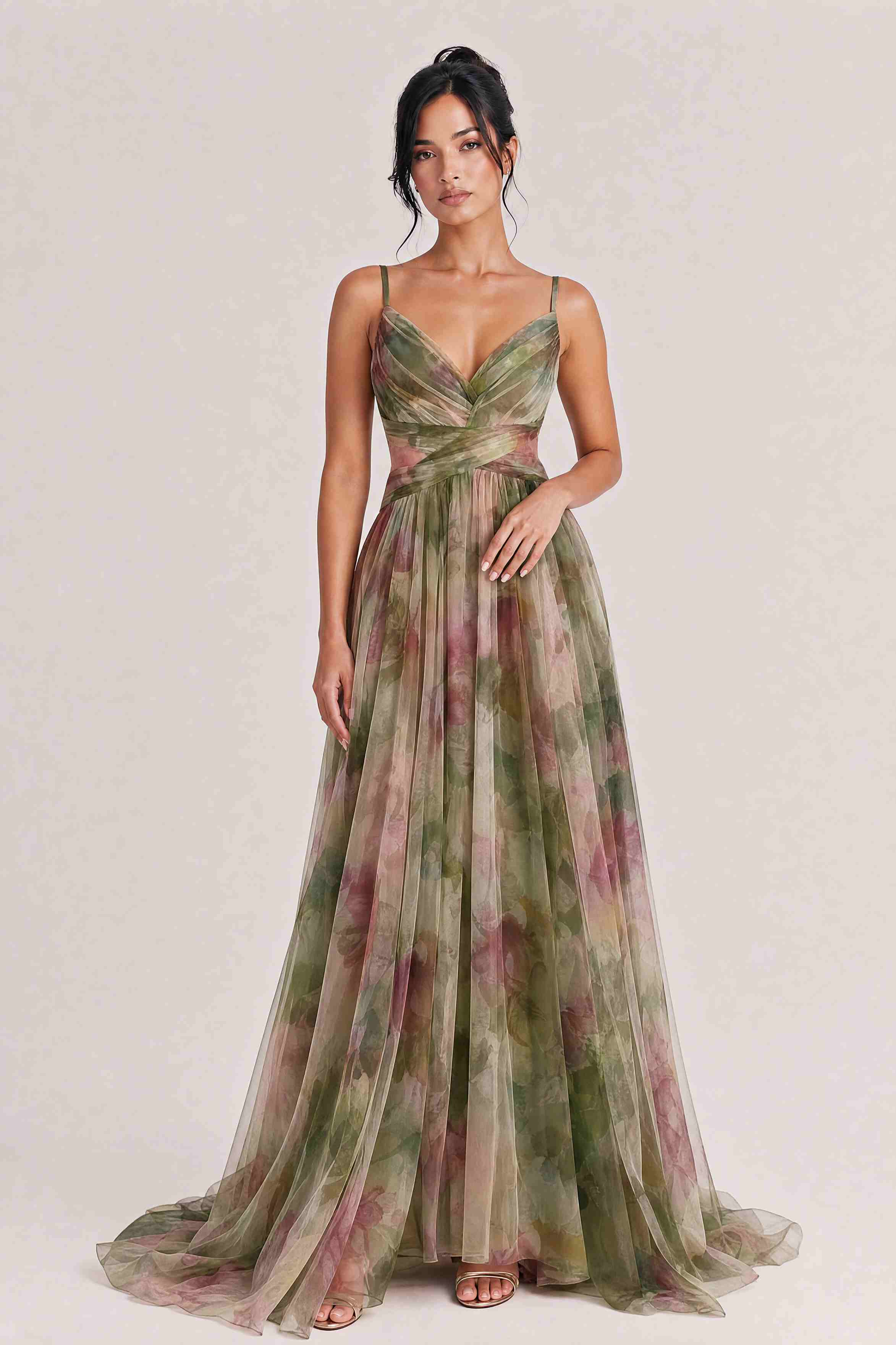 Elegant Painted Floral Print V-Neck A-Line Maxi Dress