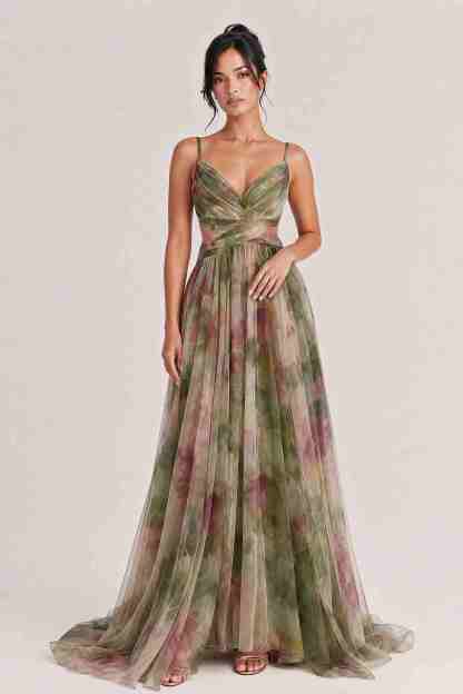 Elegant Painted Floral Print V-Neck A-Line Maxi Dress