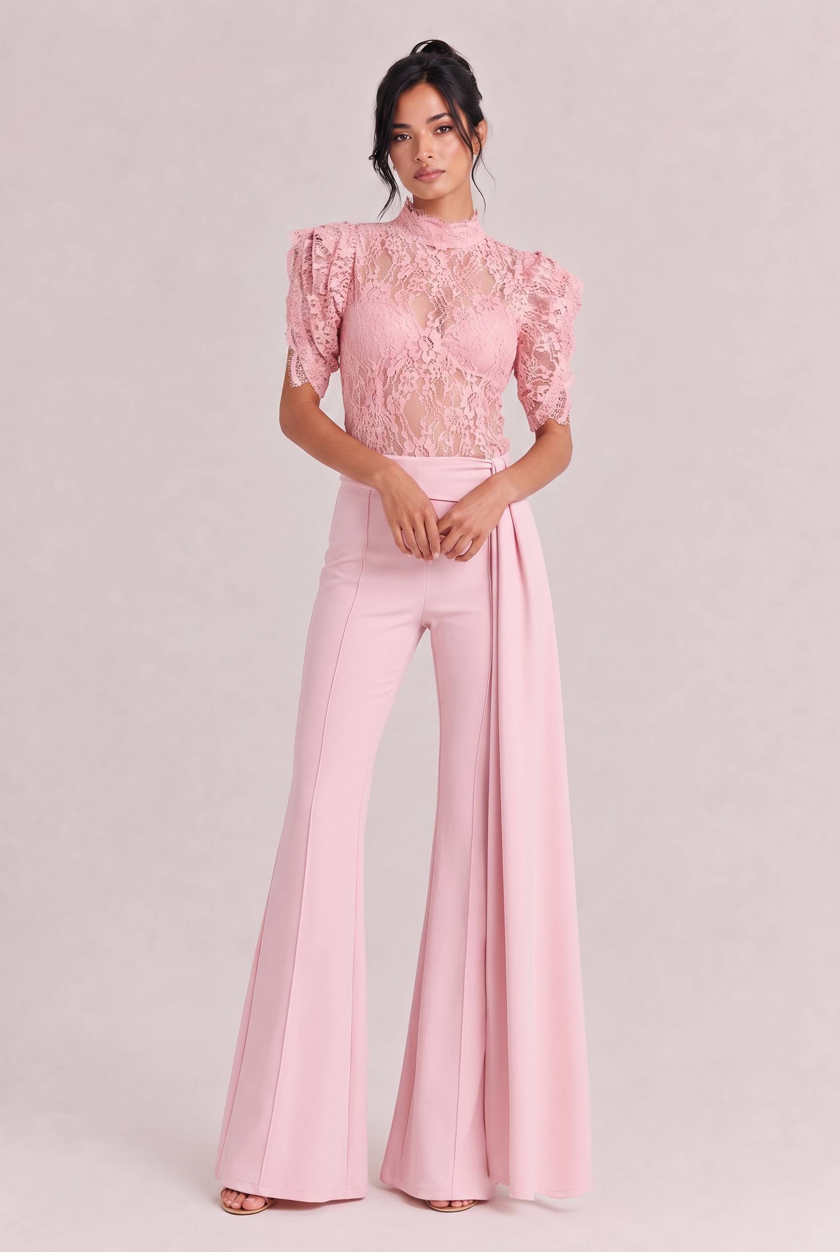 Elegant Lace High-Neck Top & Wide-Leg Pants Two-Piece Set