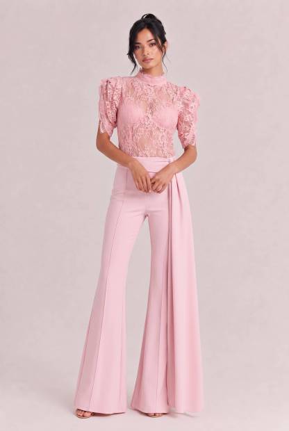 Elegant Lace High-Neck Top & Wide-Leg Pants Two-Piece Set