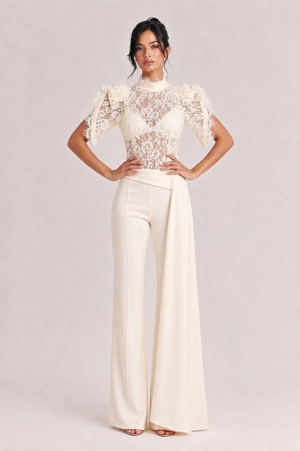 Elegant Lace High-Neck Top & Wide-Leg Pants Two-Piece Set