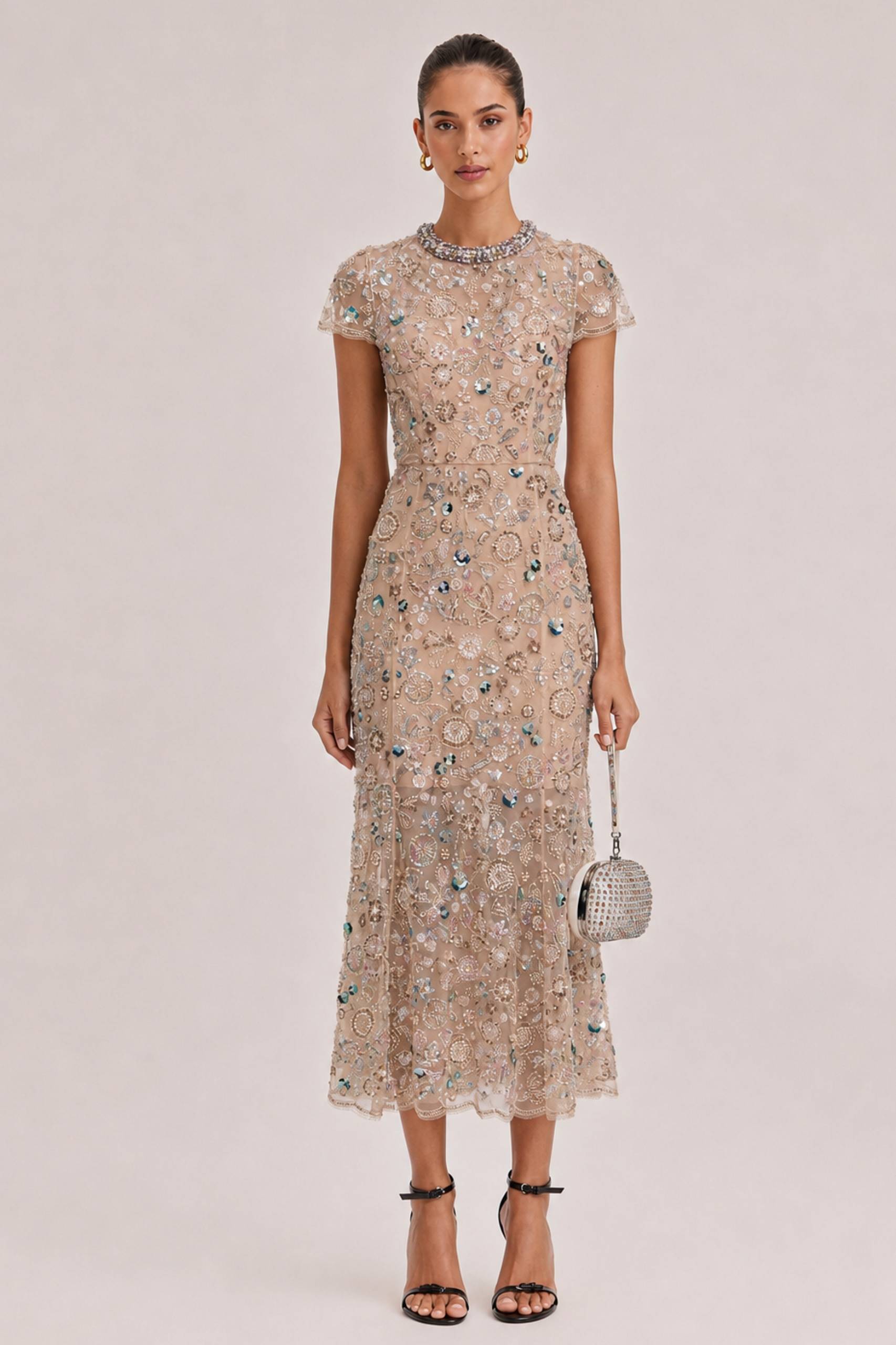 Nude Mesh Heavy-Duty Colored Diamond Beaded Round Neck Short-Sleeved Slim-Fit Mid-Length Dress