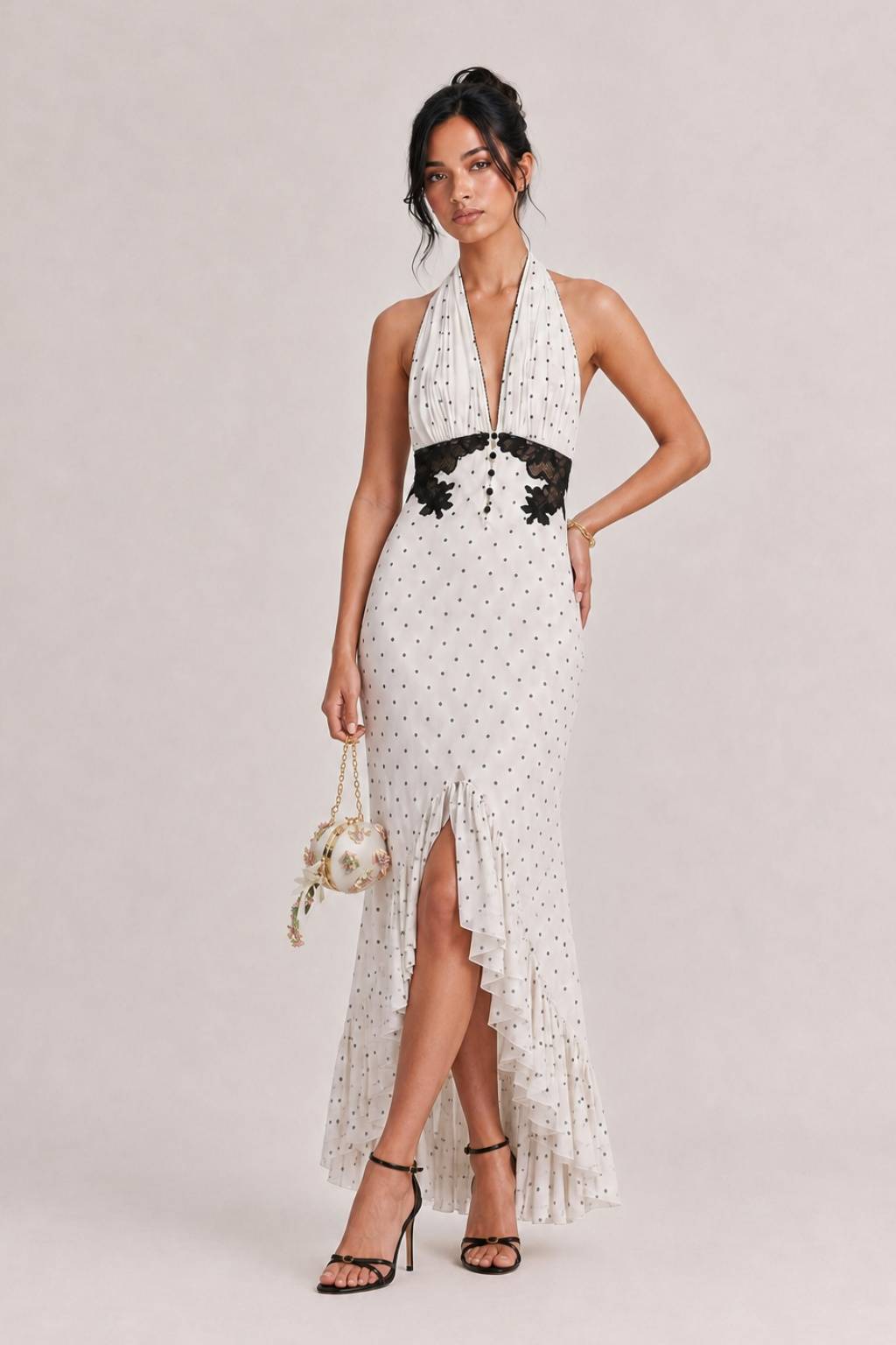 White Bottom Wave Dot Neck Deep V Black Lace Waist Split Fishtail Dress
