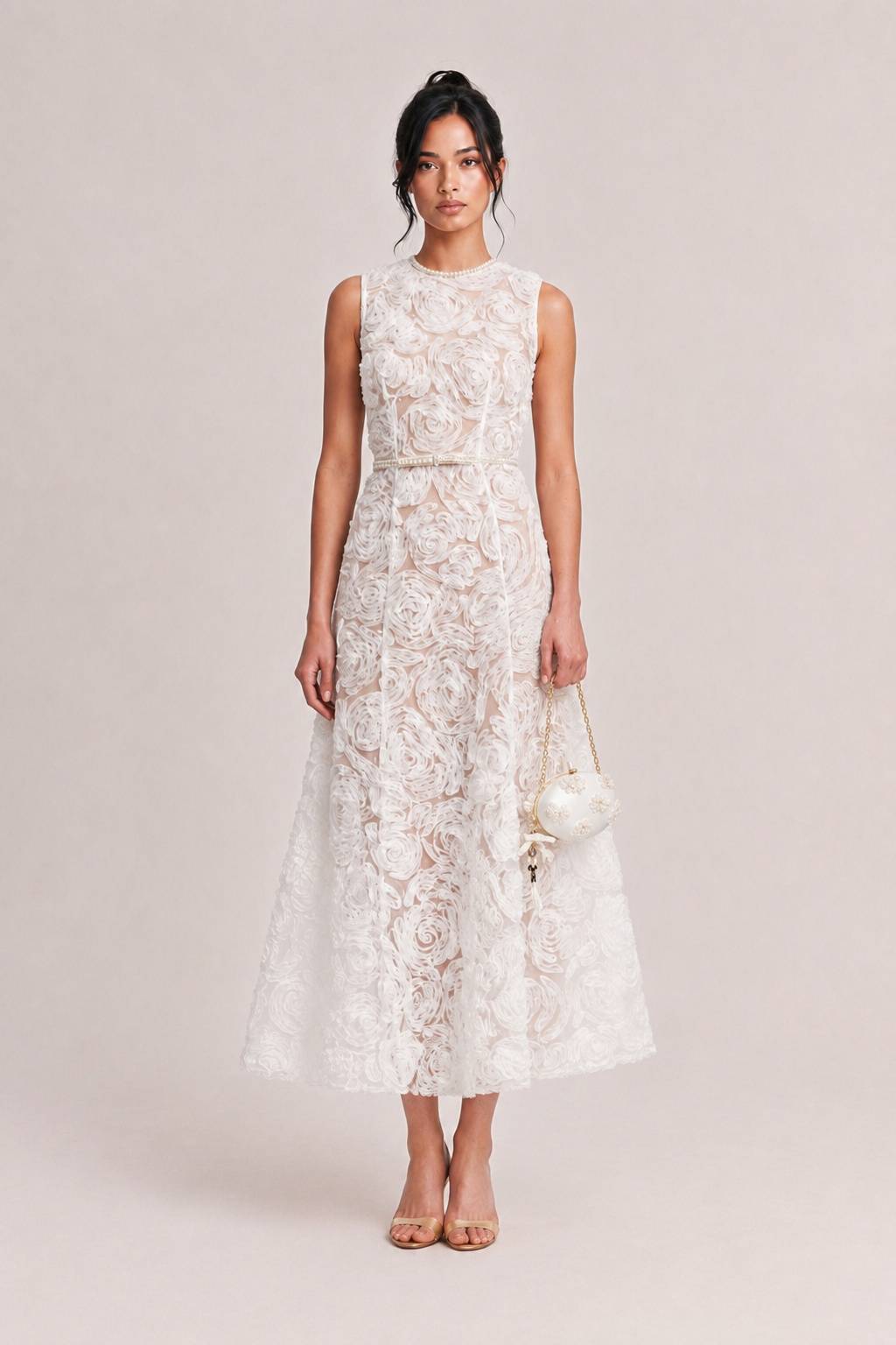 White Sleeveless Heavy-duty Lace Diamond Waist Dress