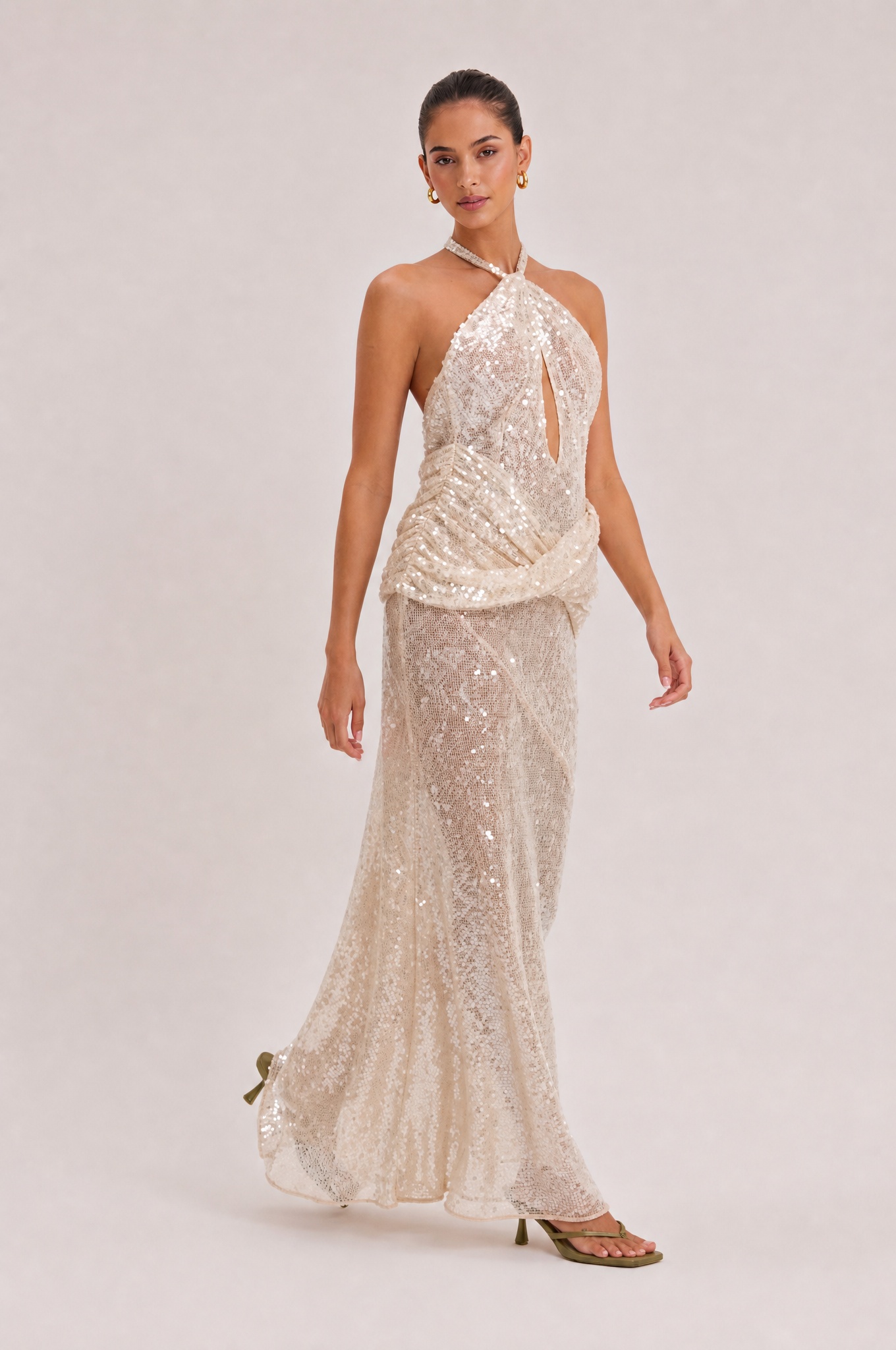 Champagne Hanging Neck Hollow Kink Tight Waist Sequins Slim-fit Fishtail Long Dress