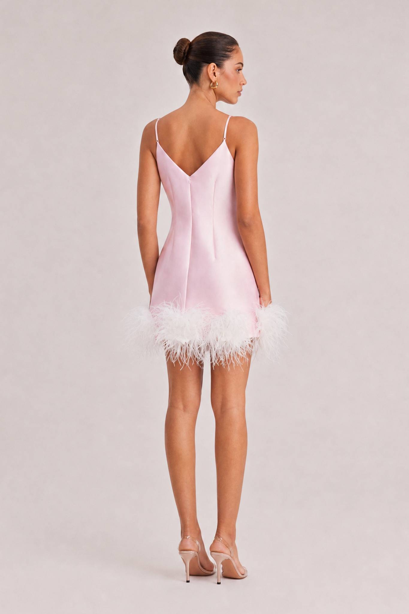 Pink Satin Slip Dress With Feathers, Bow-Embellished Straps, V-Neck, Party Mini Gown