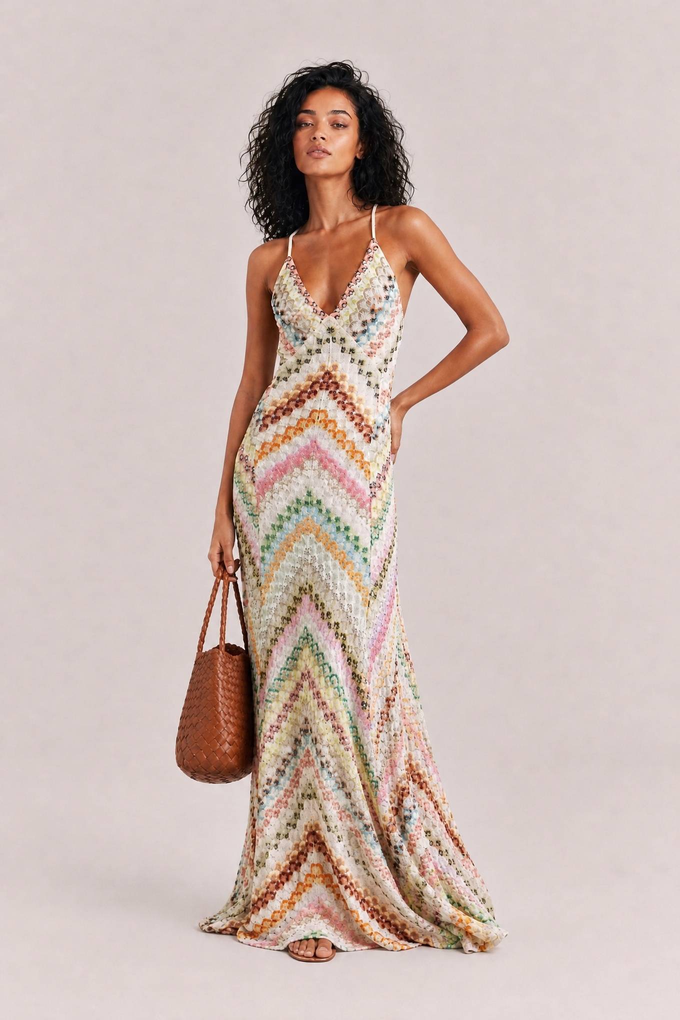 Unique Knit Colorful Herringbone Open Back Maxi Dress