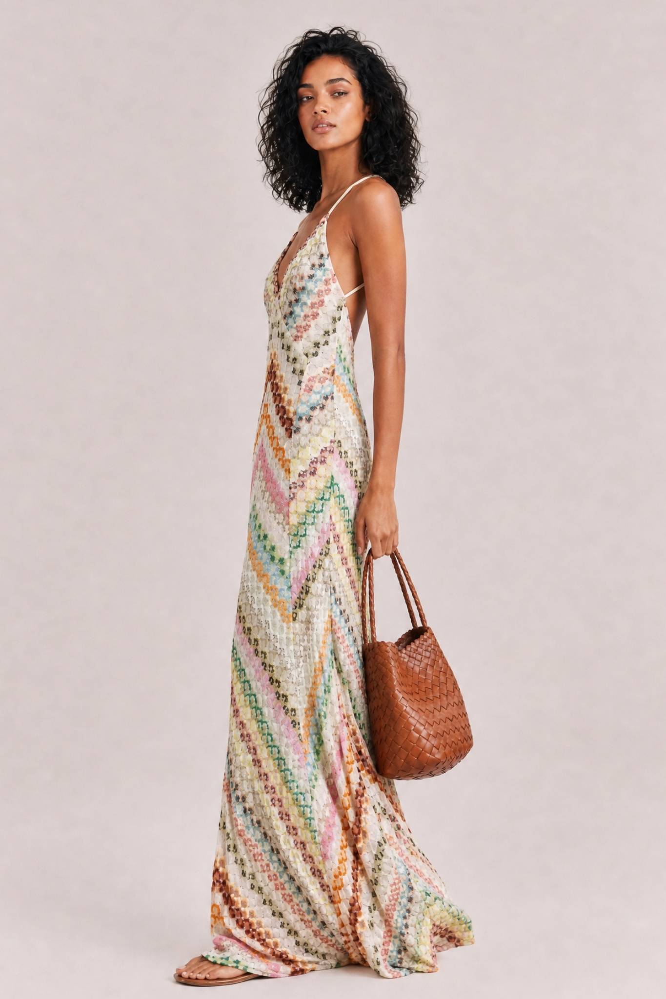 Unique Knit Colorful Herringbone Open Back Maxi Dress