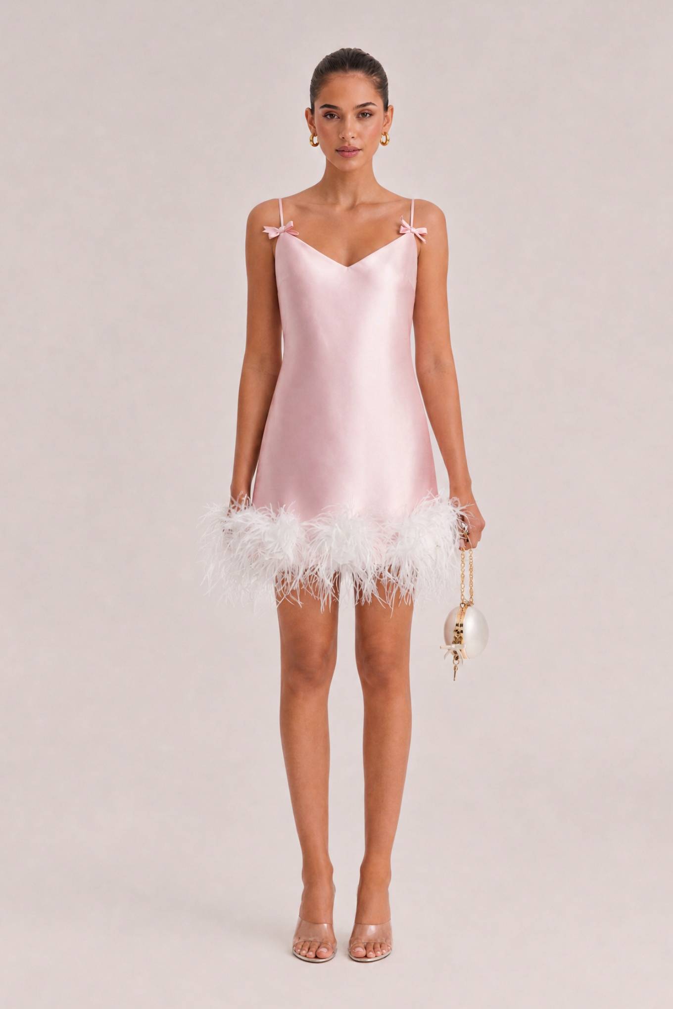 Pink Satin Slip Dress With Feathers, Bow-Embellished Straps, V-Neck, Party Mini Gown