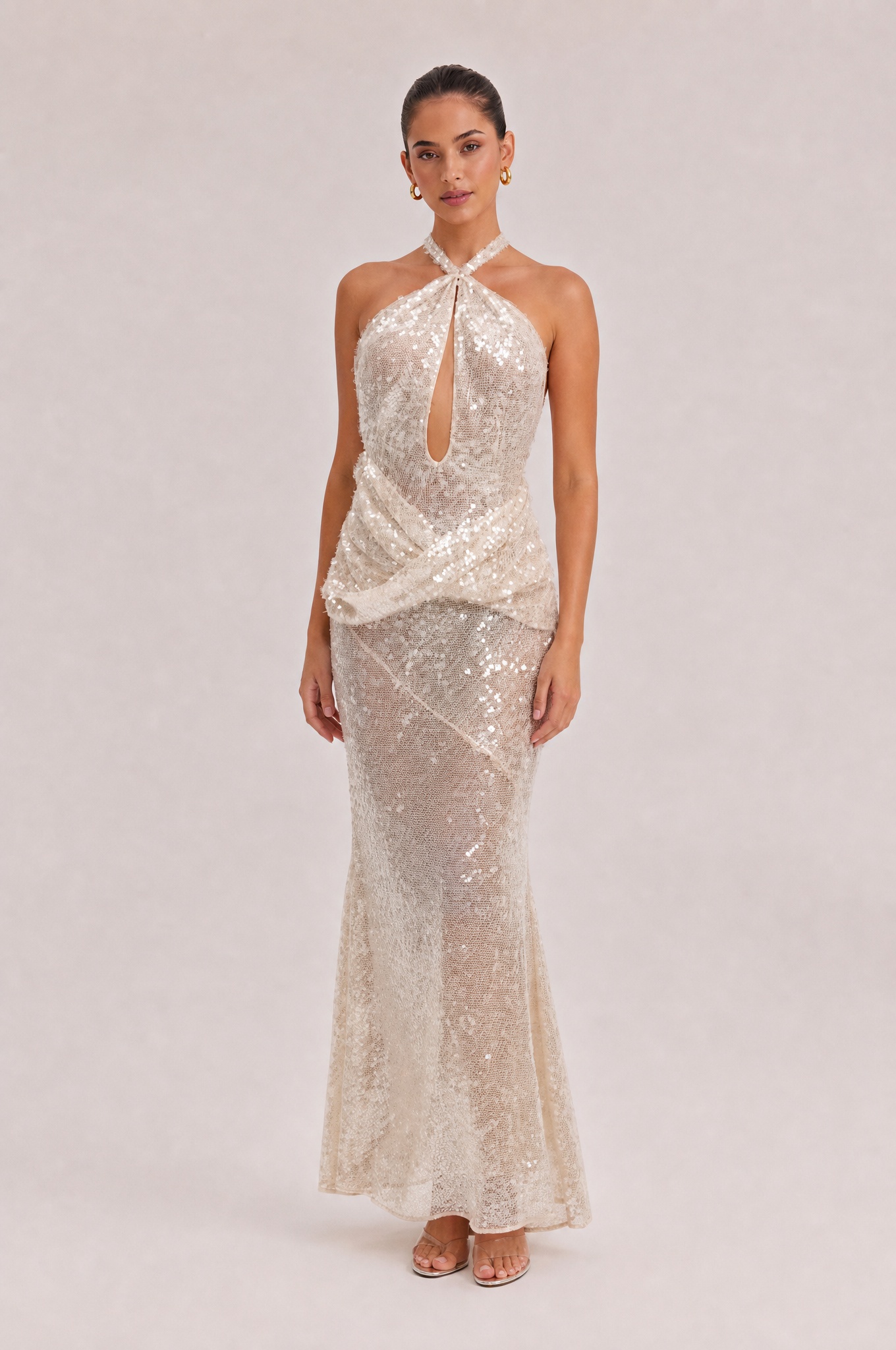 Champagne Hanging Neck Hollow Kink Tight Waist Sequins Slim-fit Fishtail Long Dress