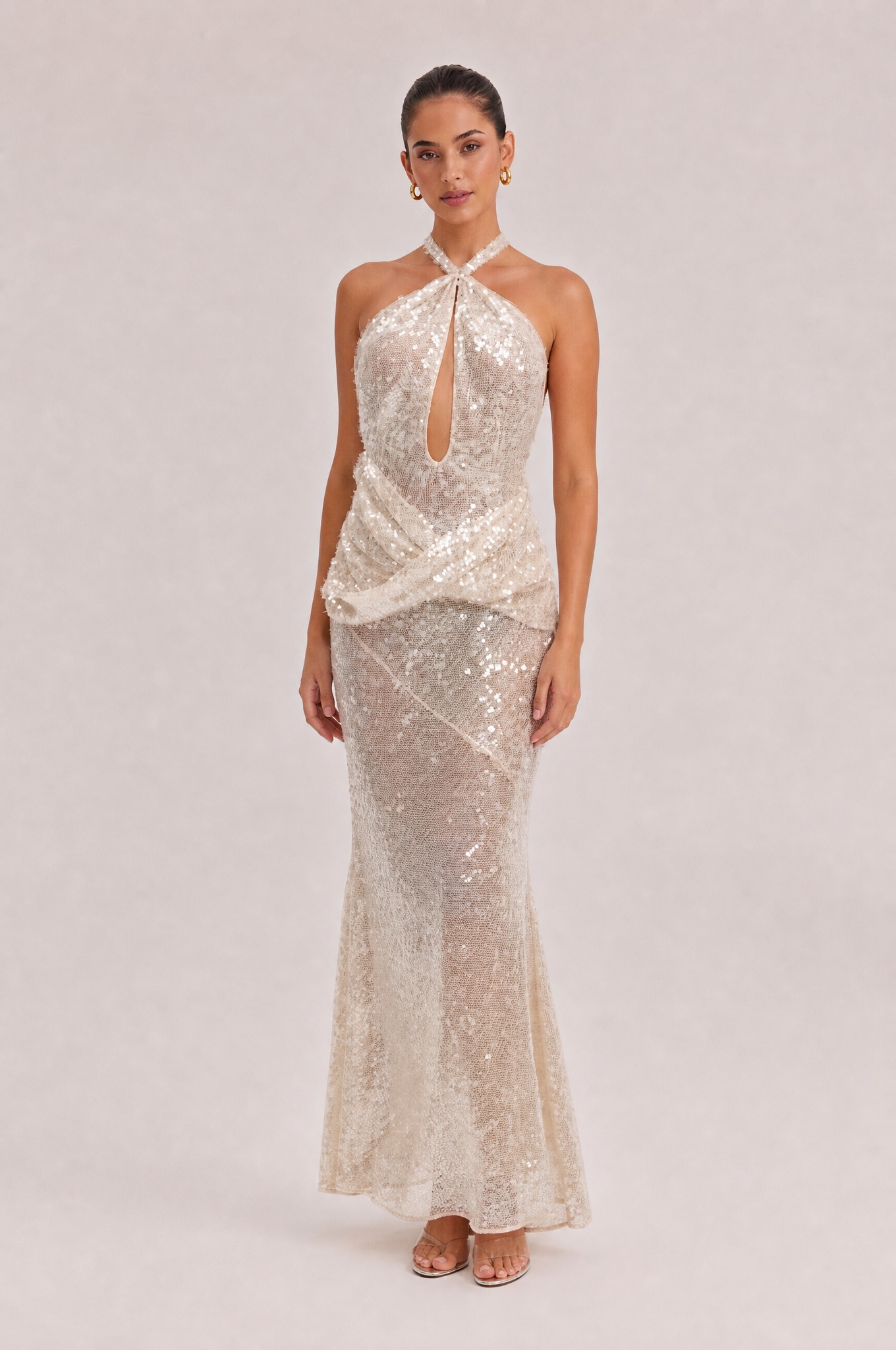 Champagne Hanging Neck Hollow Kink Tight Waist Sequins Slim-fit Fishtail Long Dress