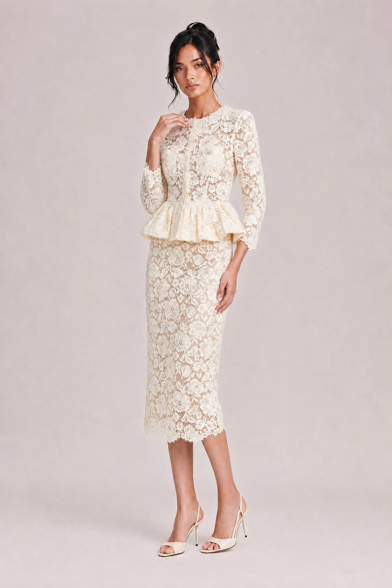 Vintage Floral Lace Set Pearl Crewneck Short Jacket Lace Pencil Dress