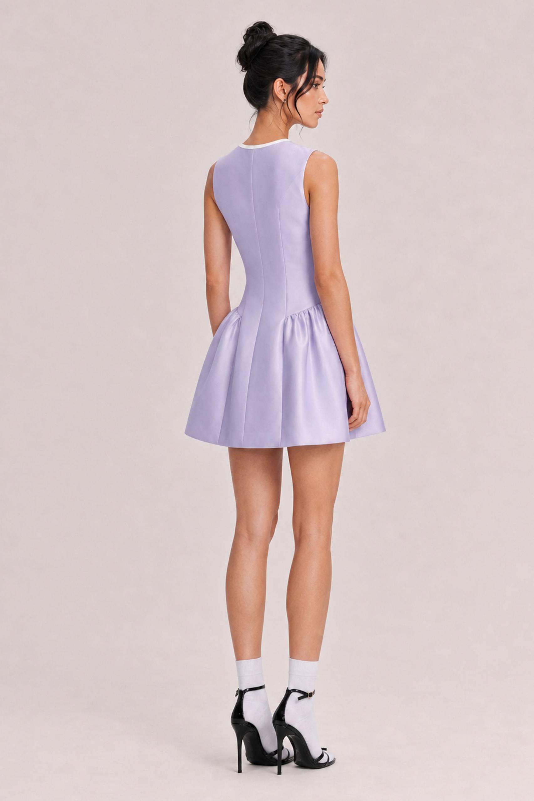Lilac Satin Sleeveless Neck Bow Pocket Tight A- Line Short Dress