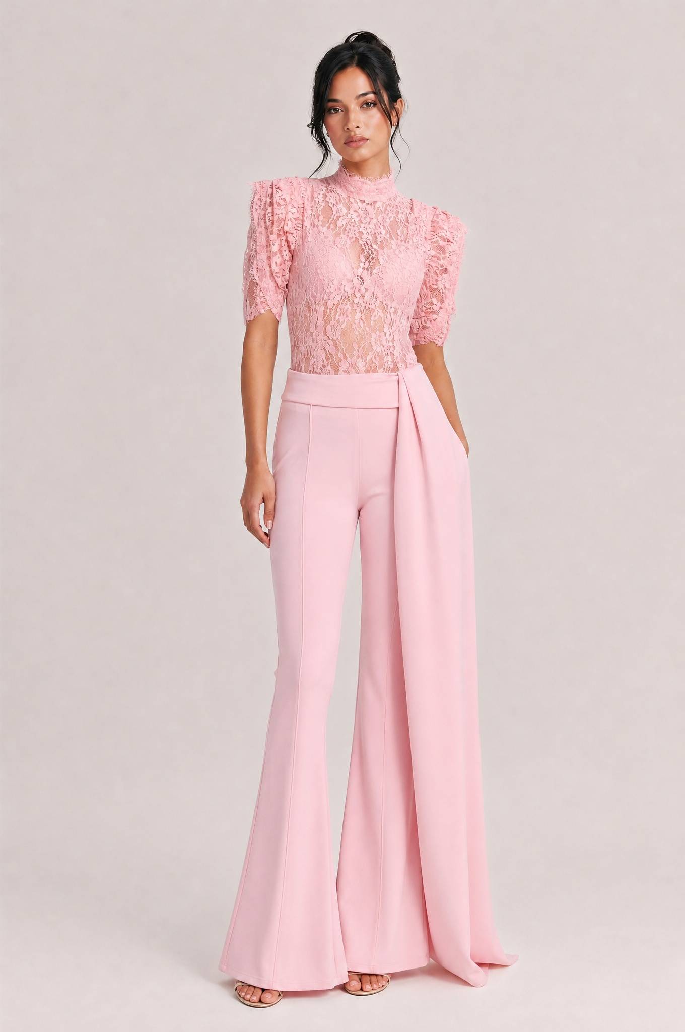 Elegant Lace High-Neck Top & Wide-Leg Pants Two-Piece Set