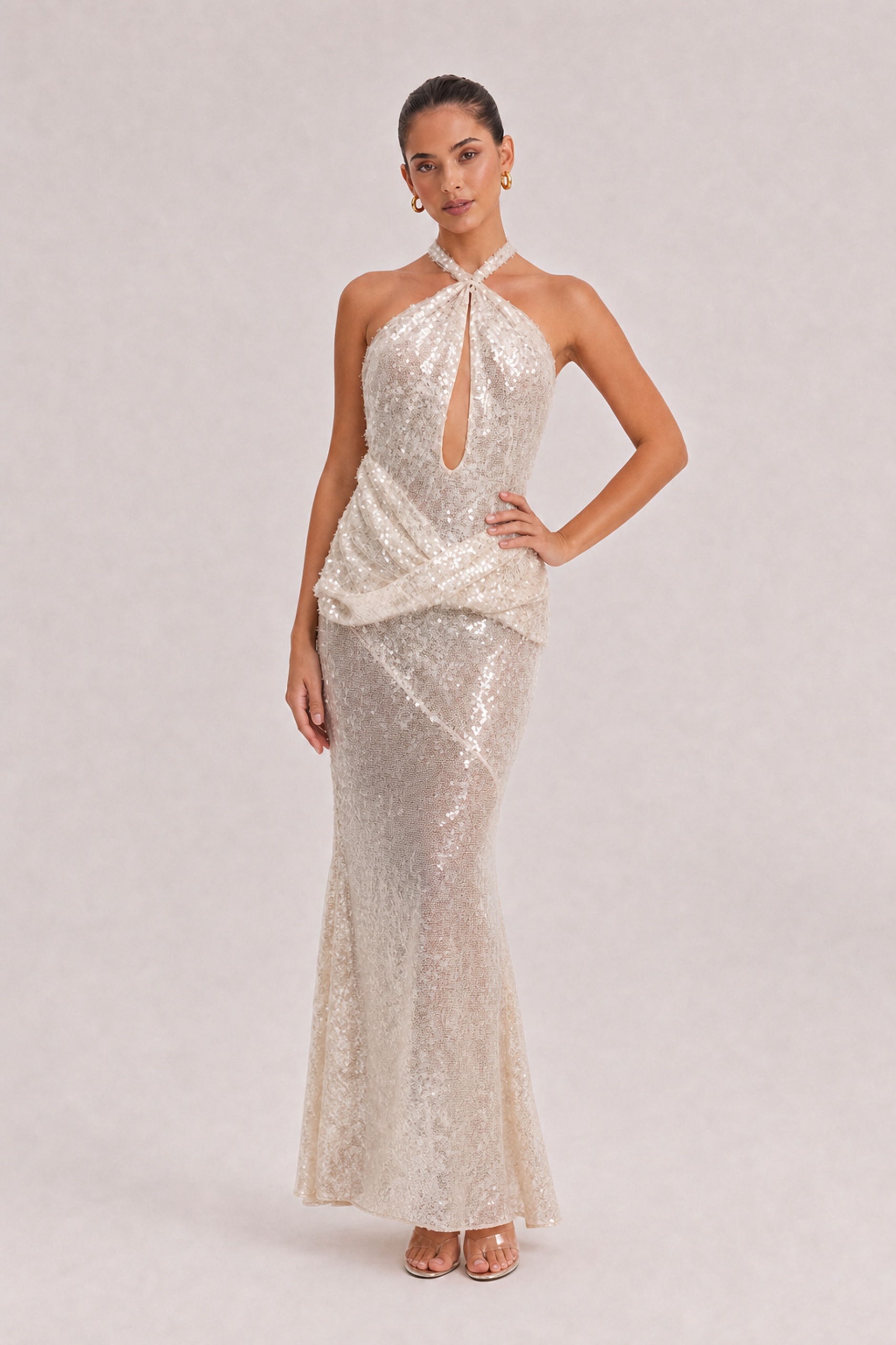 Champagne Hanging Neck Hollow Kink Tight Waist Sequins Slim-fit Fishtail Long Dress