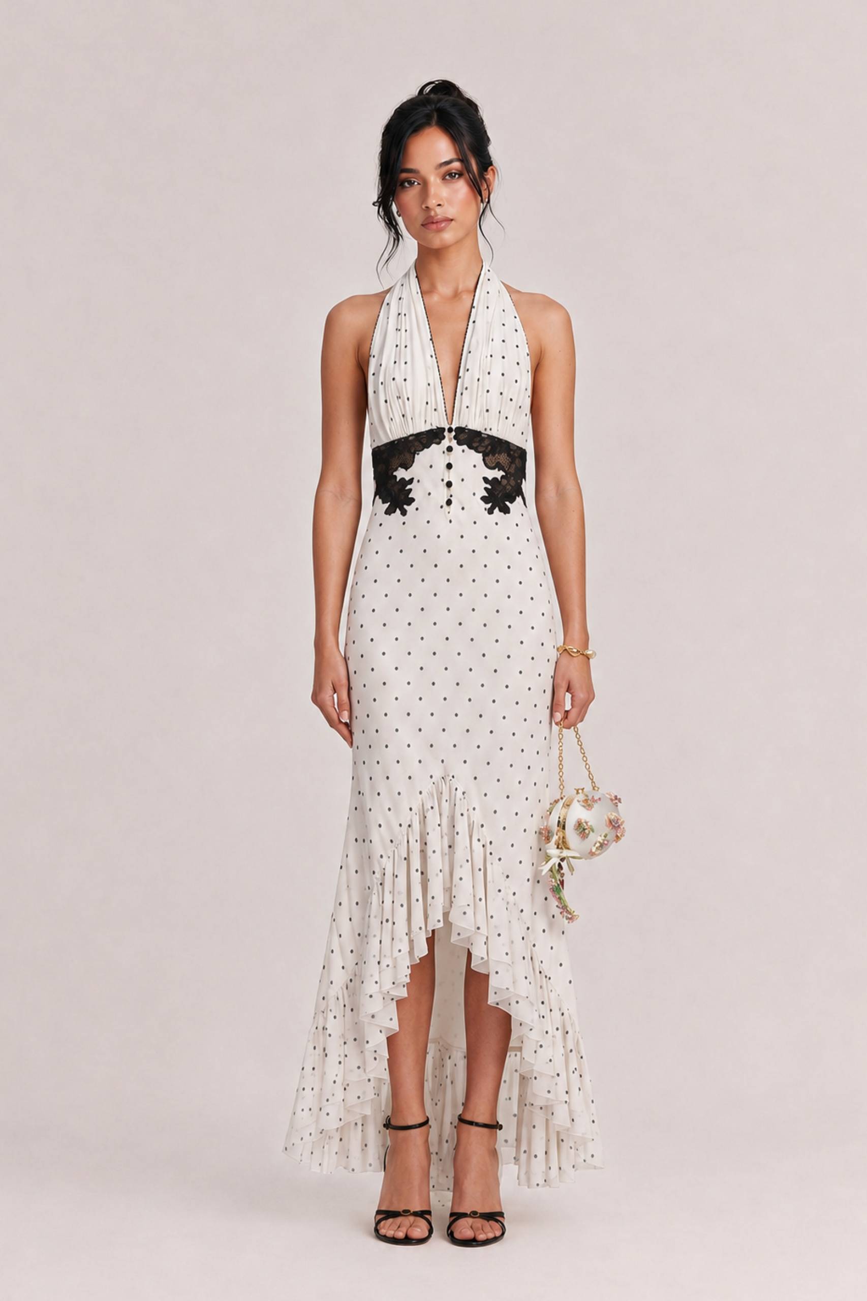 White Bottom Wave Dot Neck Deep V Black Lace Waist Split Fishtail Dress