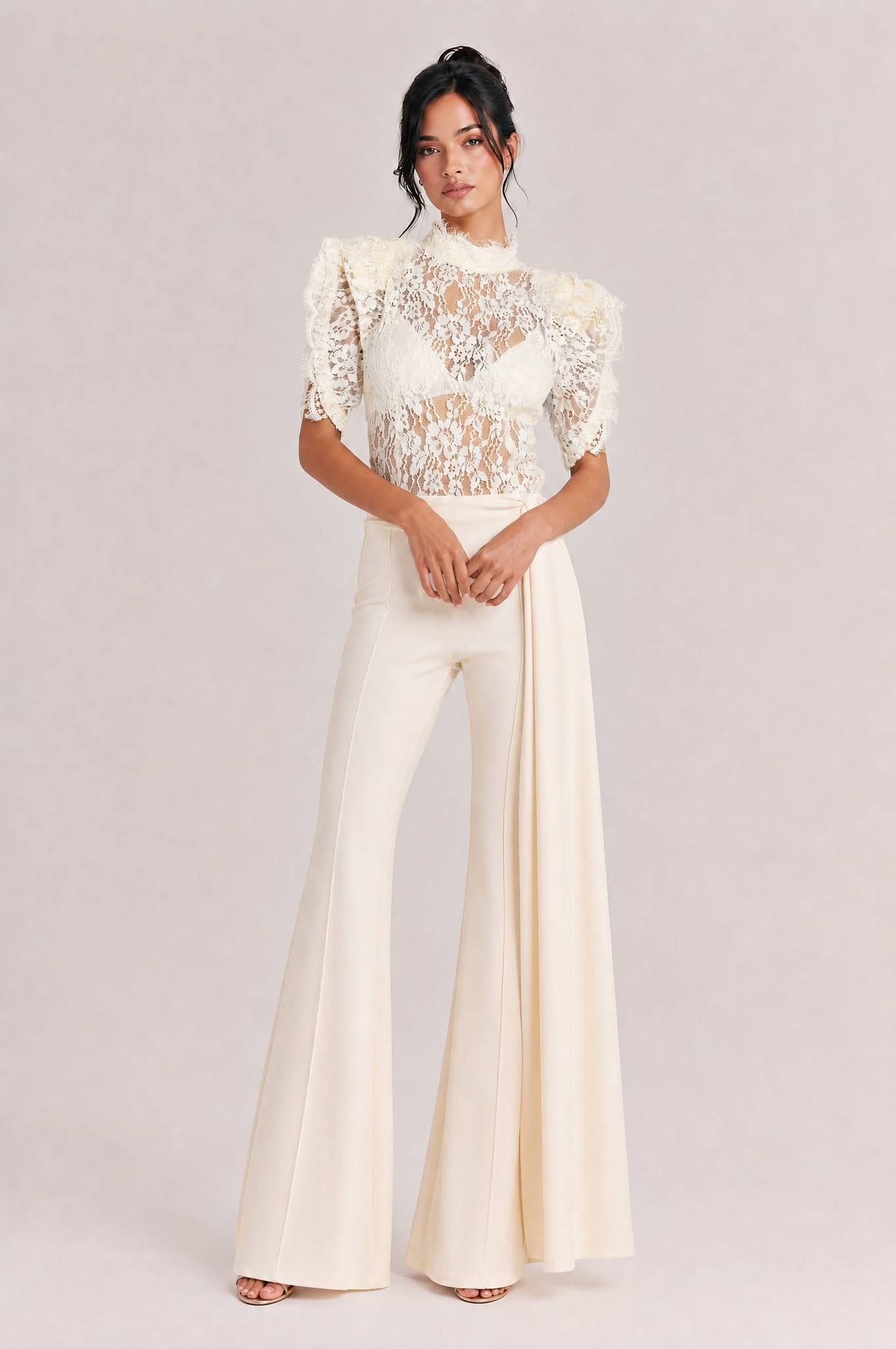 Elegant Lace High-Neck Top & Wide-Leg Pants Two-Piece Set